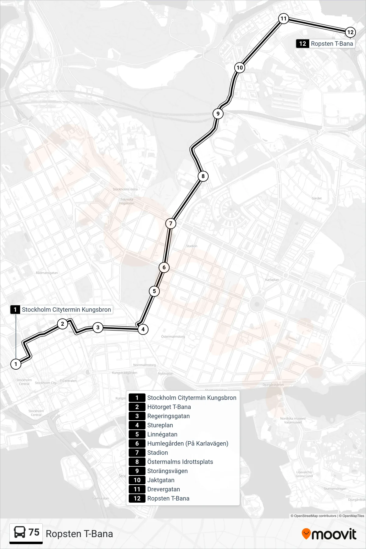 Rutt och hållplatser på karta för linje 75  buss, (Ropsten T-Bana)