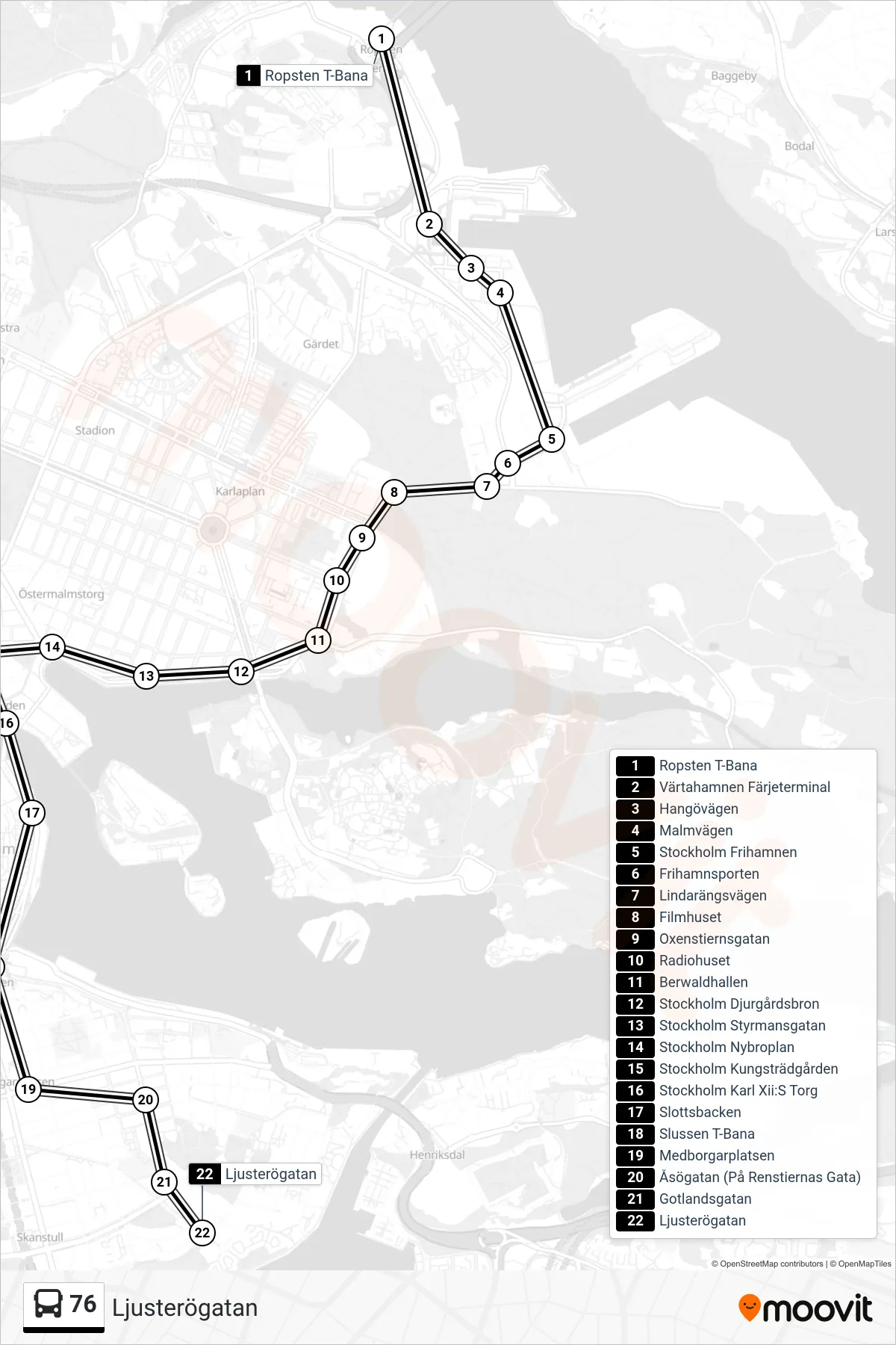 Rutt och hållplatser på karta för linje 76  buss, (Ljusterögatan)