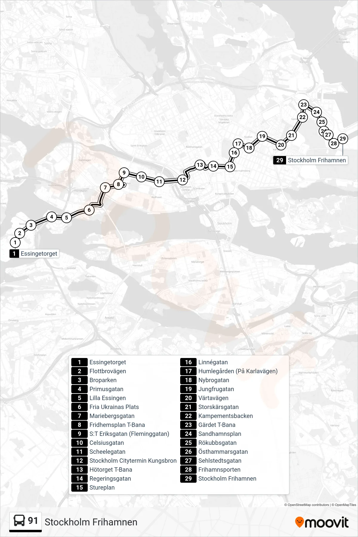 Rutt och hållplatser på karta för linje 91  buss, (Stockholm Frihamnen)