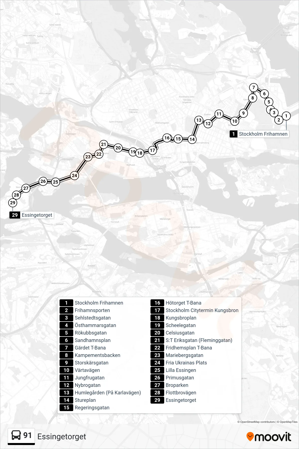 Rutt och hållplatser på karta för linje 91  buss, (Essingetorget)