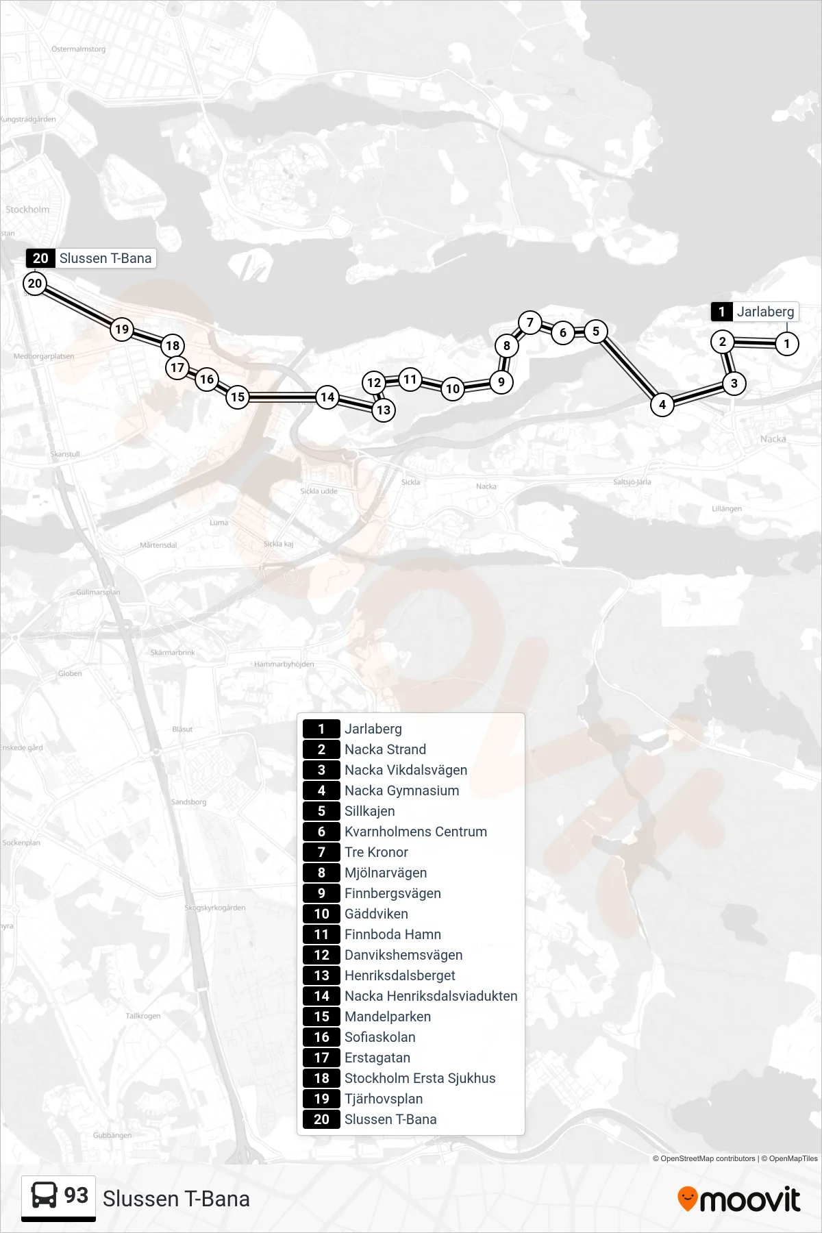 Rutt och hållplatser på karta för linje 93  buss, (Slussen T-Bana)