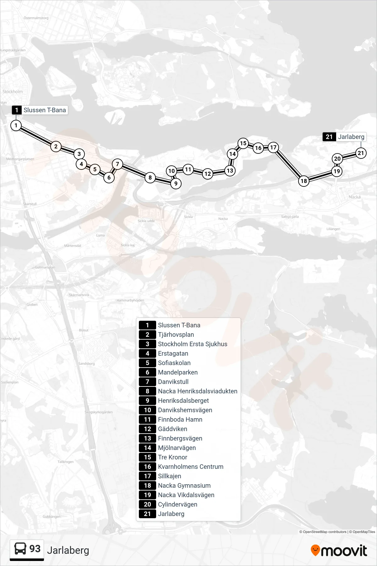 Rutt och hållplatser på karta för linje 93  buss, (Jarlaberg)