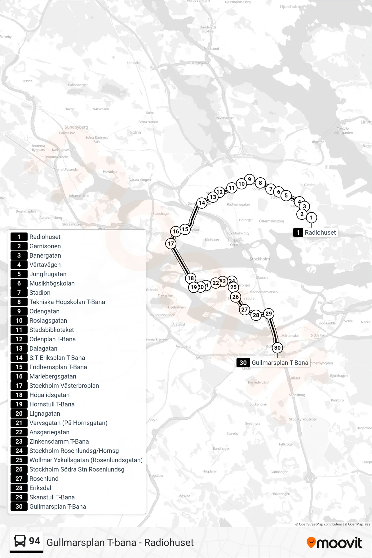 Rutt och hållplatser på karta för linje 94 buss, (Gullmarsplan T-Bana)