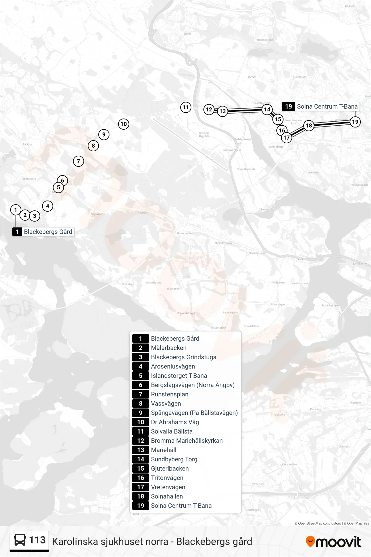 Rutt och hållplatser på karta för linje 113  buss, (Solna Centrum T-Bana)