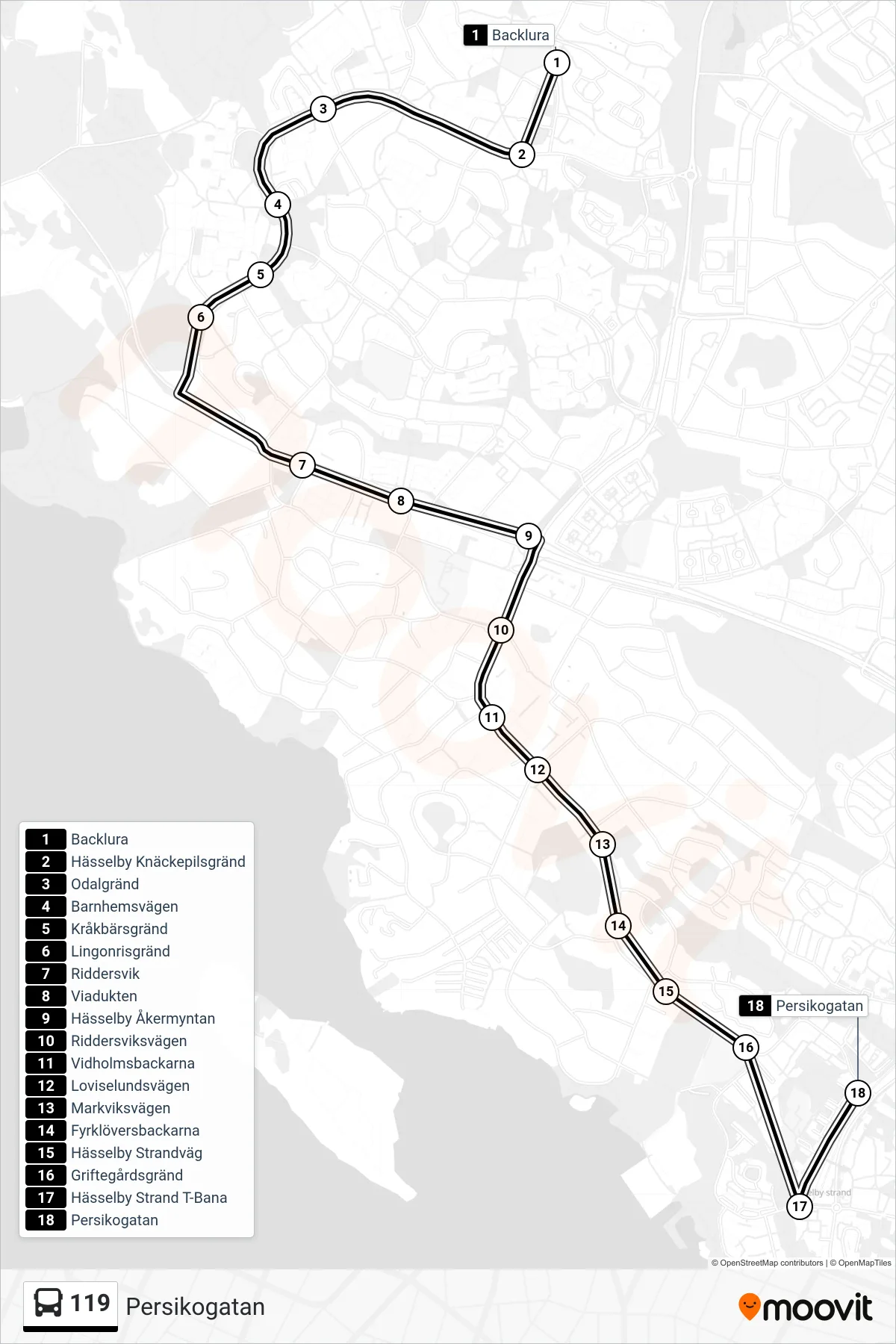 Rutt och hållplatser på karta för linje 119 buss, (Persikogatan)