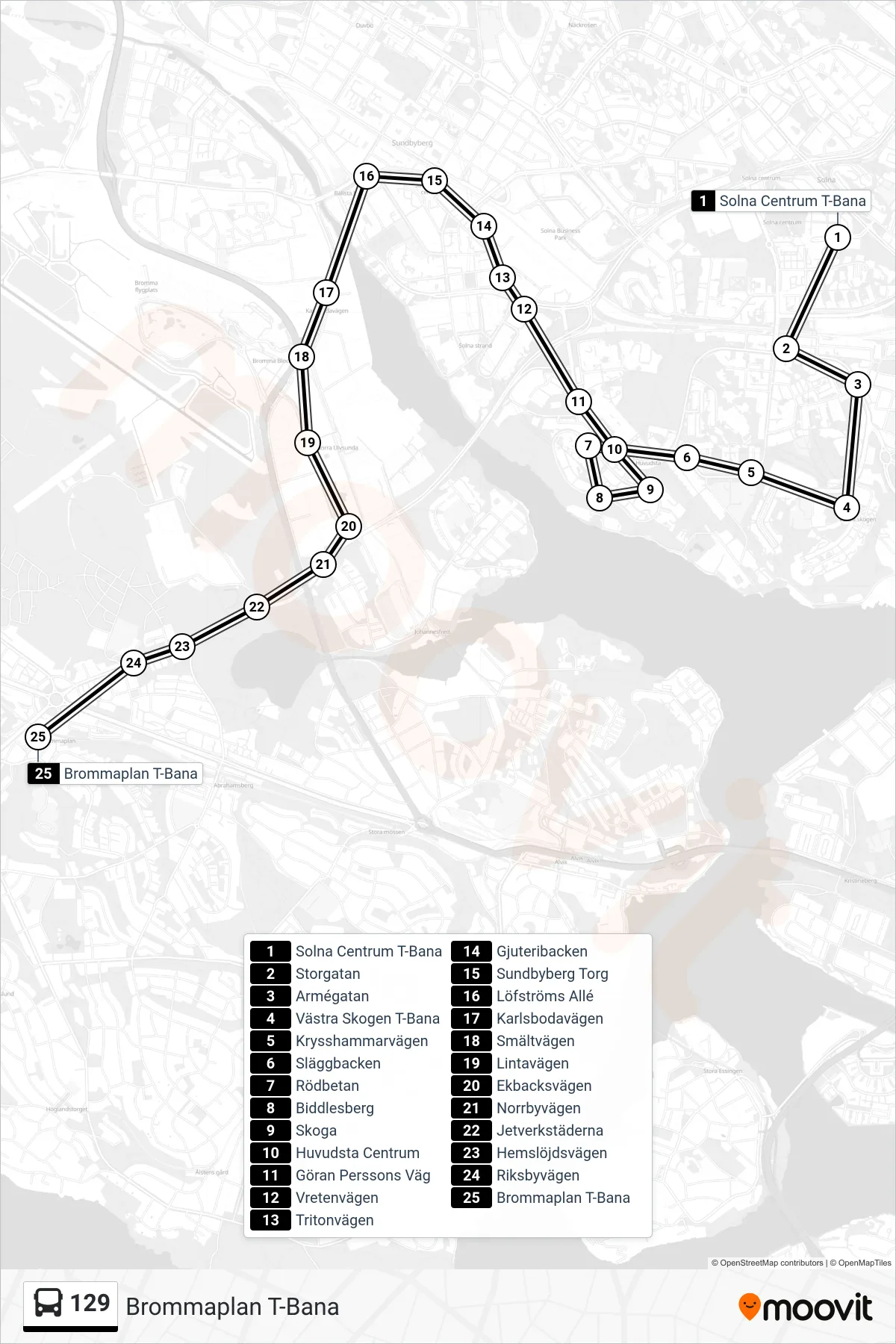 Rutt och hållplatser på karta för linje 129 buss, (Brommaplan T-Bana)