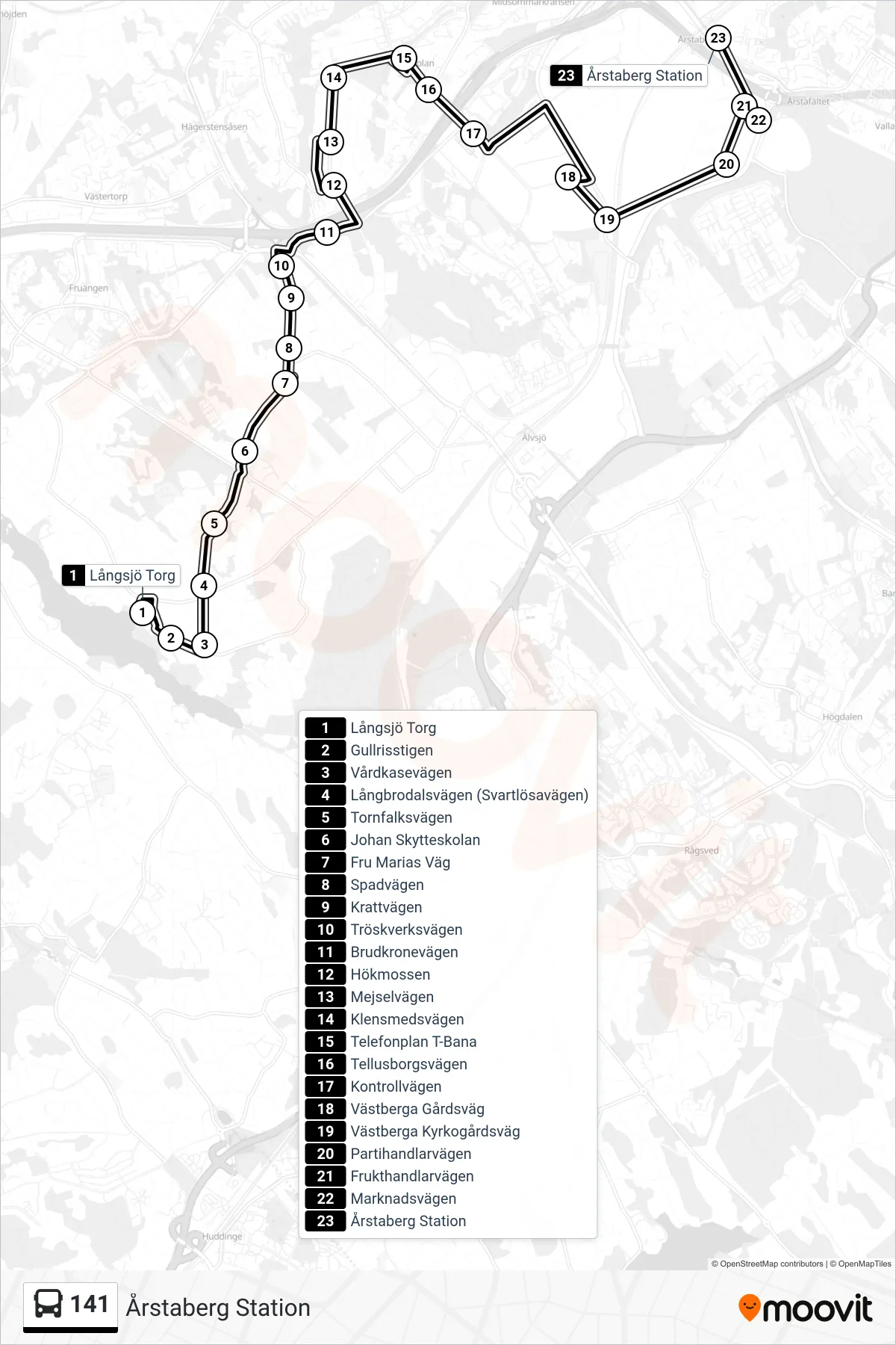 Rutt och hållplatser på karta för linje 141 buss, (Årstaberg Station)
