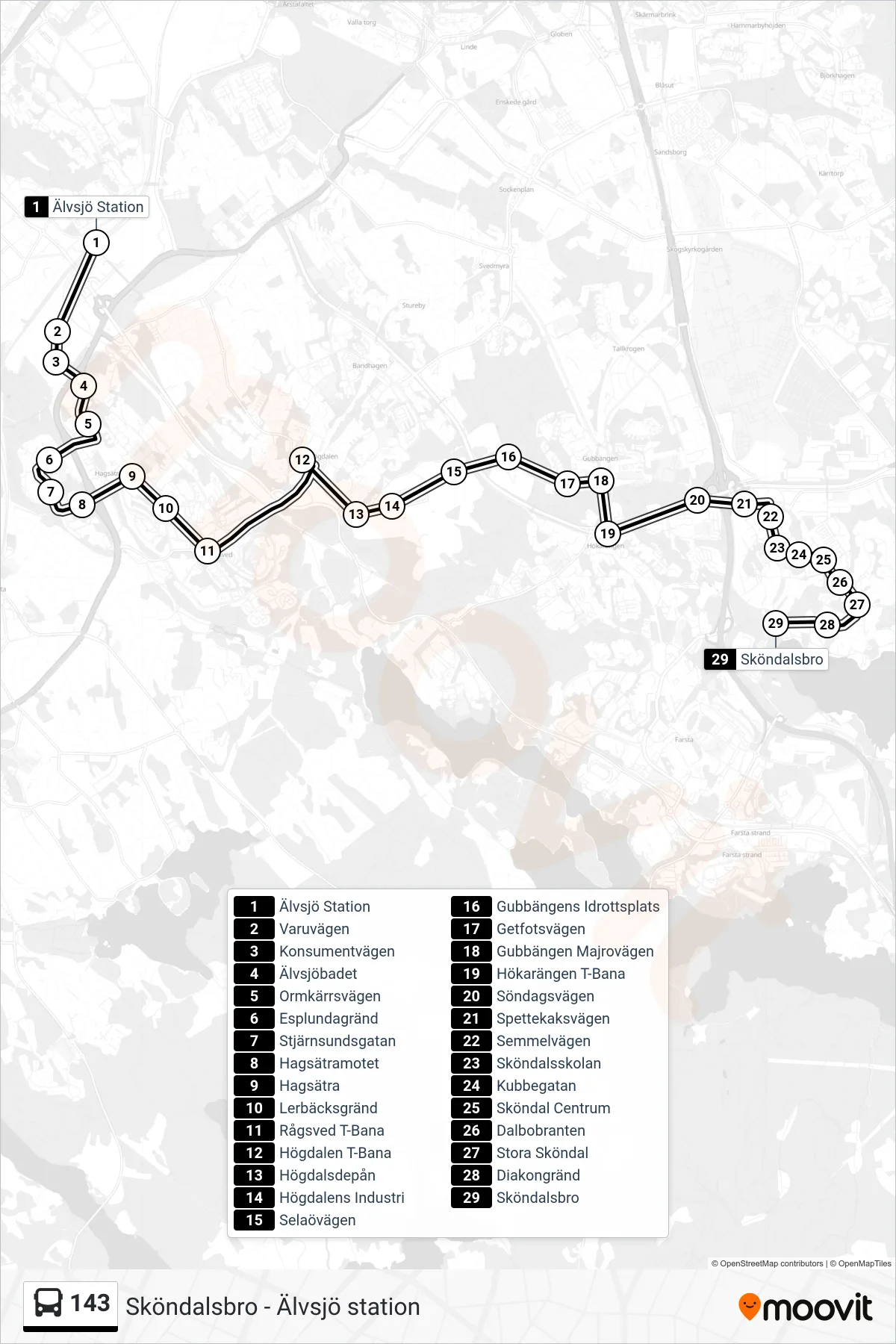 Rutt och hållplatser på karta för linje 143  buss, (Sköndalsbro)
