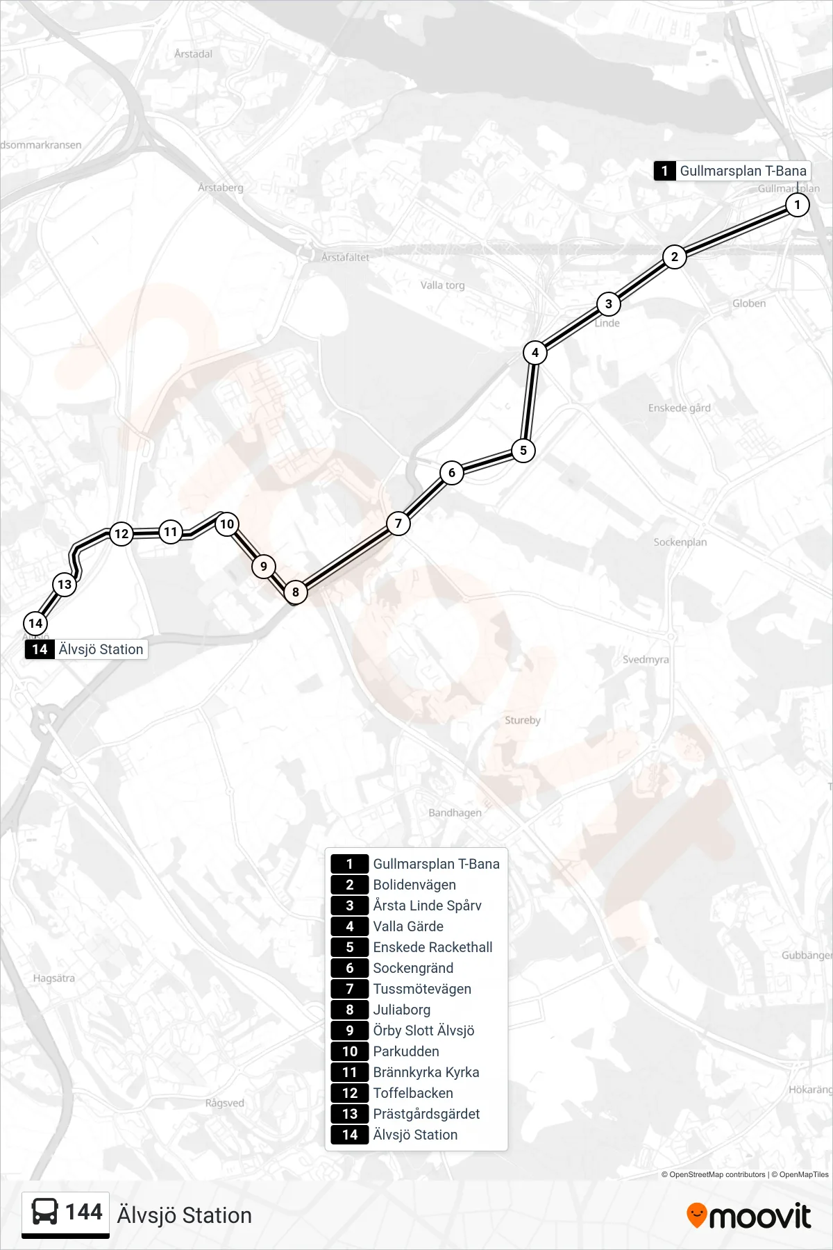 Rutt och hållplatser på karta för linje 144  buss, (Älvsjö Station)
