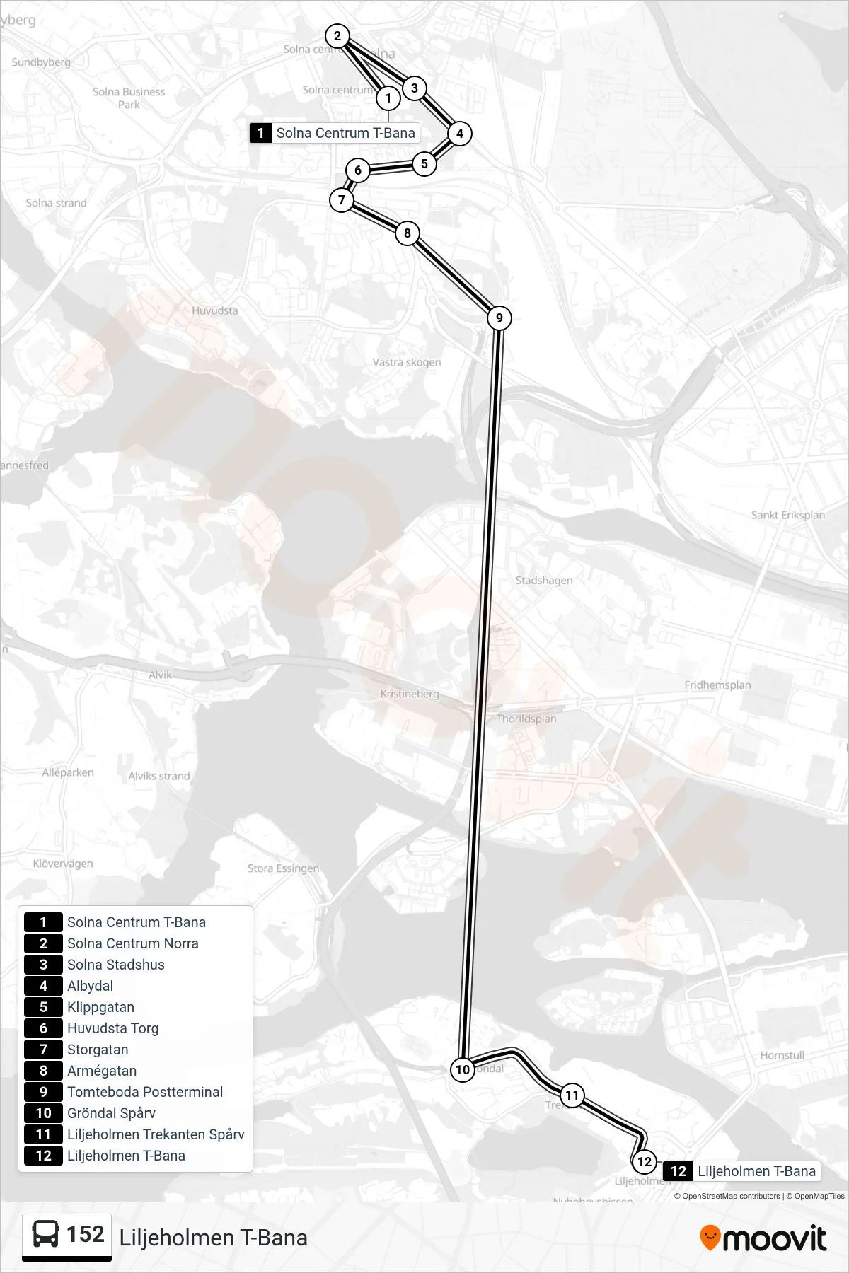 Rutt och hållplatser på karta för linje 152  buss, (Liljeholmen T-Bana)
