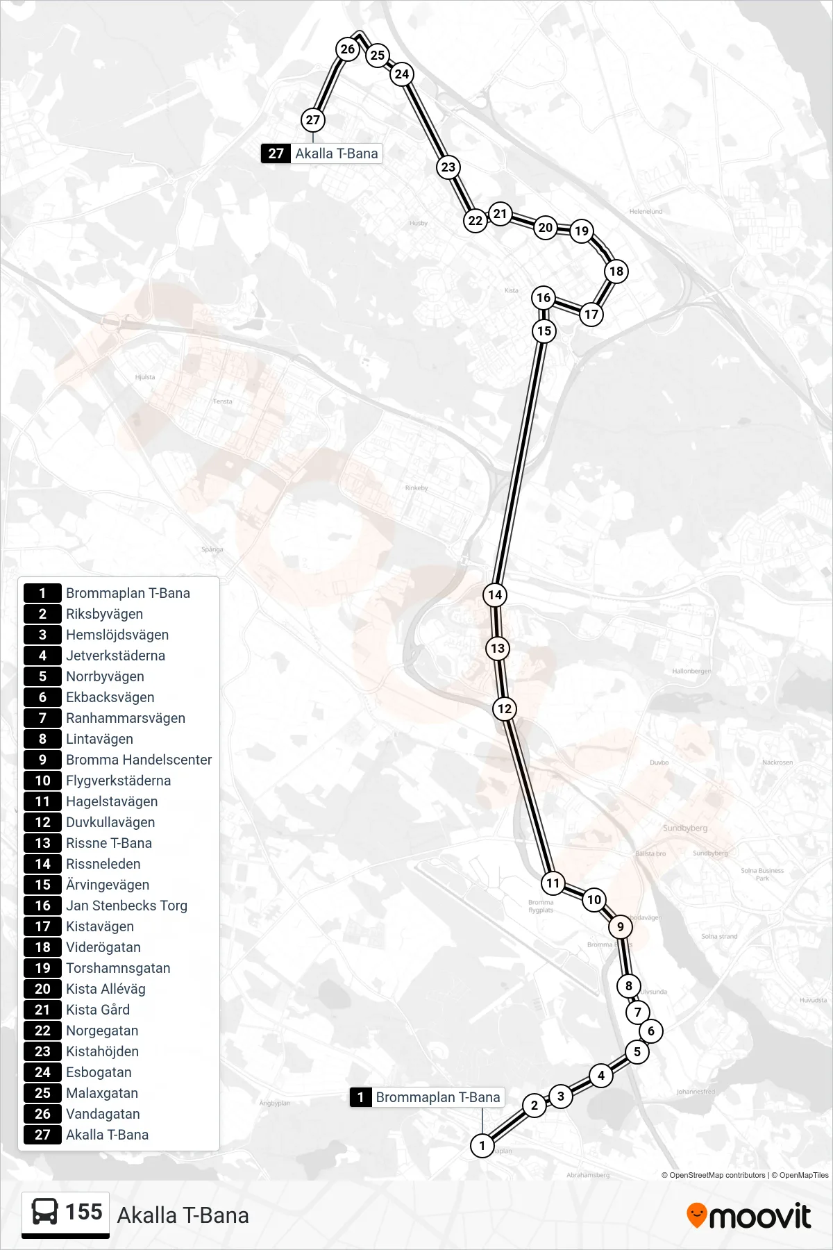 Rutt och hållplatser på karta för linje 155 buss, (Akalla T-Bana)