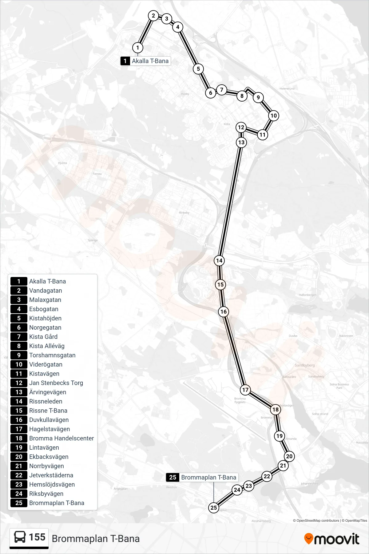 Rutt och hållplatser på karta för linje 155 buss, (Brommaplan T-Bana)