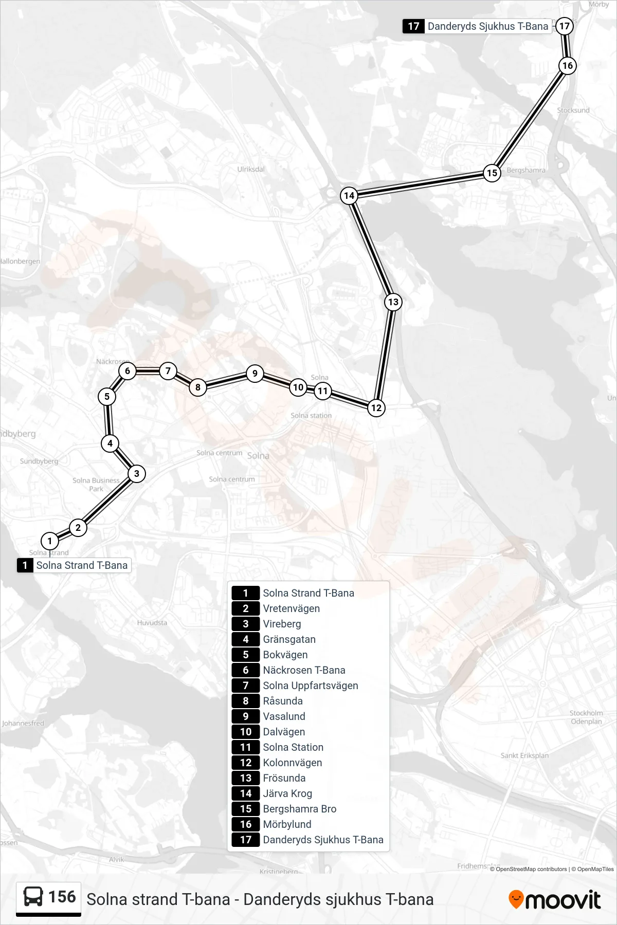 Rutt och hållplatser på karta för linje 156 buss, (Danderyds Sjukhus T-Bana)