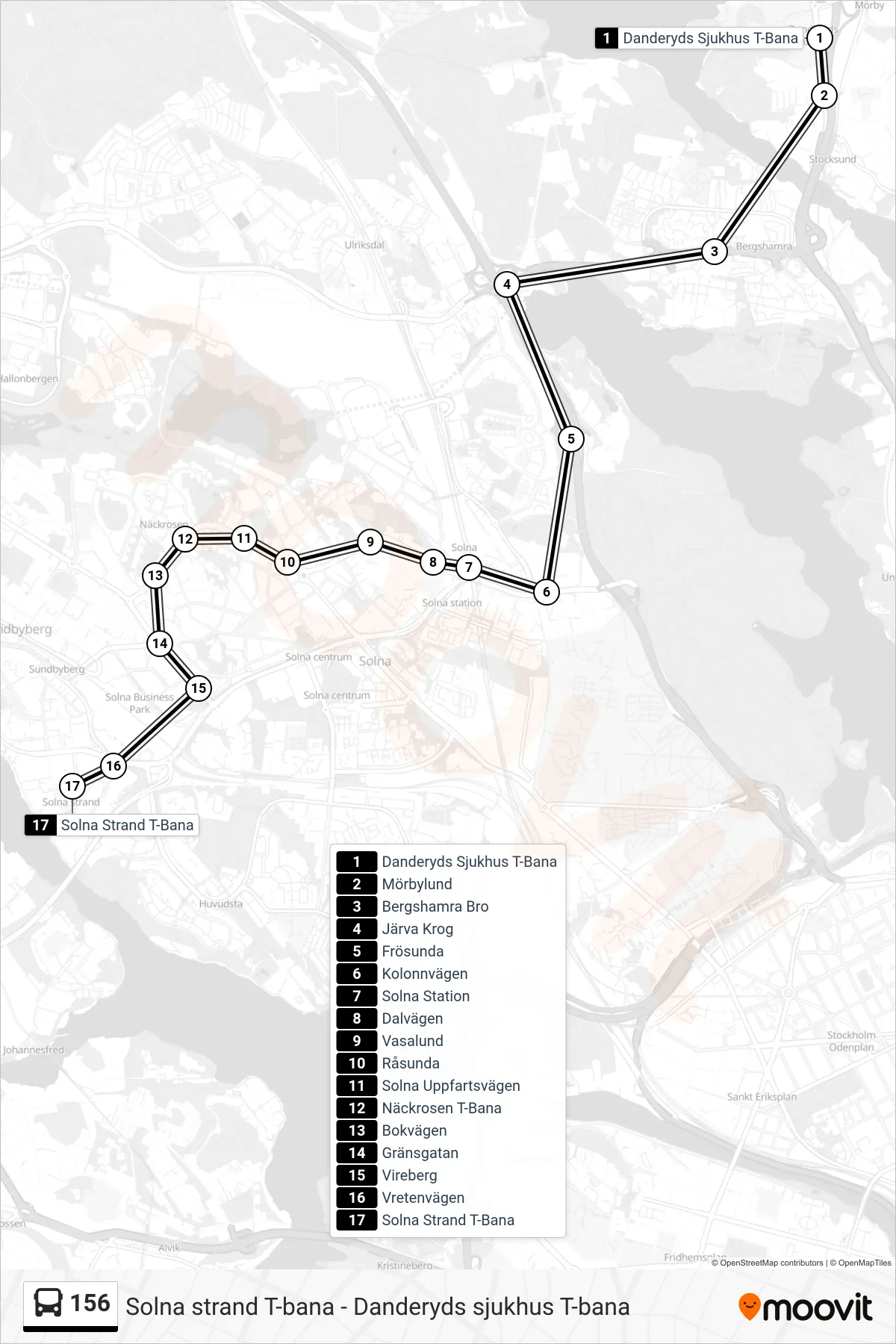 Rutt och hållplatser på karta för linje 156  buss, (Solna Strand T-Bana)