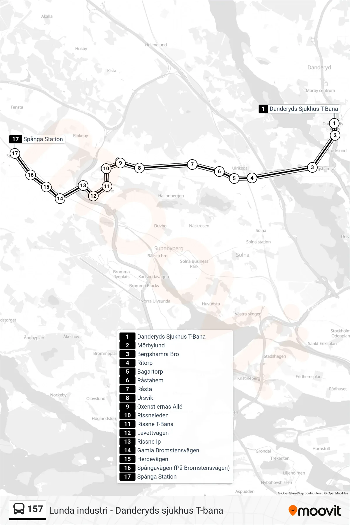 Rutt och hållplatser på karta för linje 157  buss, (Spånga Station)