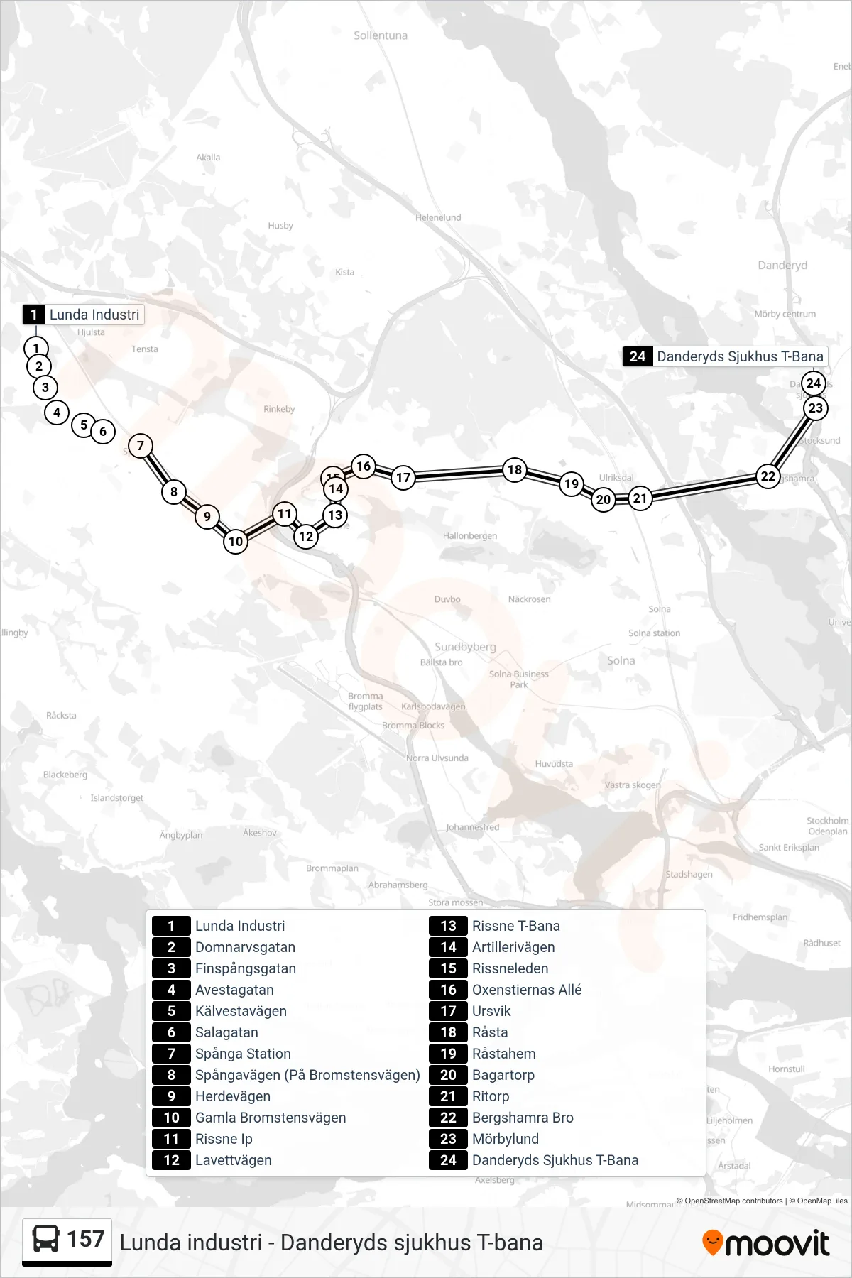 Rutt och hållplatser på karta för linje 157  buss, (Danderyds Sjukhus T-Bana)