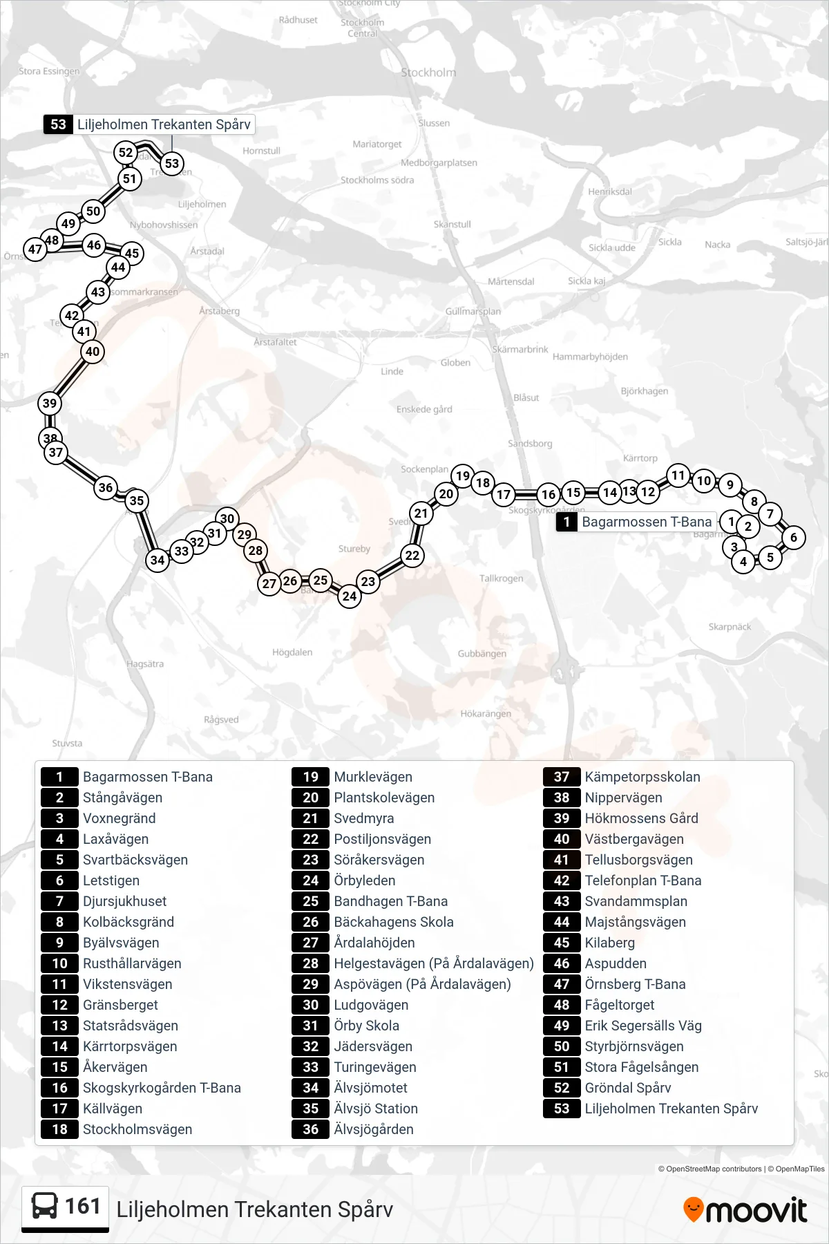 Rutt och hållplatser på karta för linje 161 buss, (Liljeholmen Trekanten Spårv)