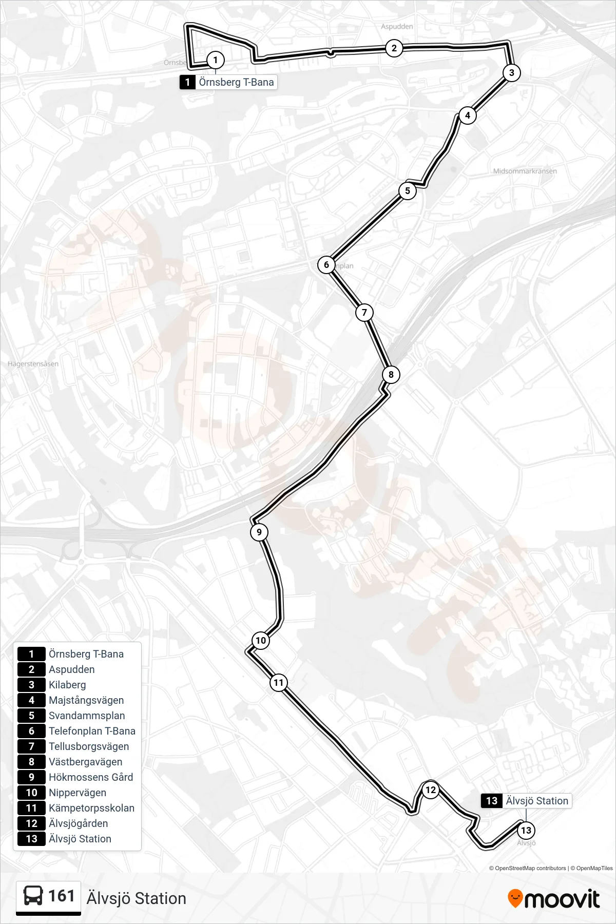 Rutt och hållplatser på karta för linje 161 buss, (Älvsjö Station)