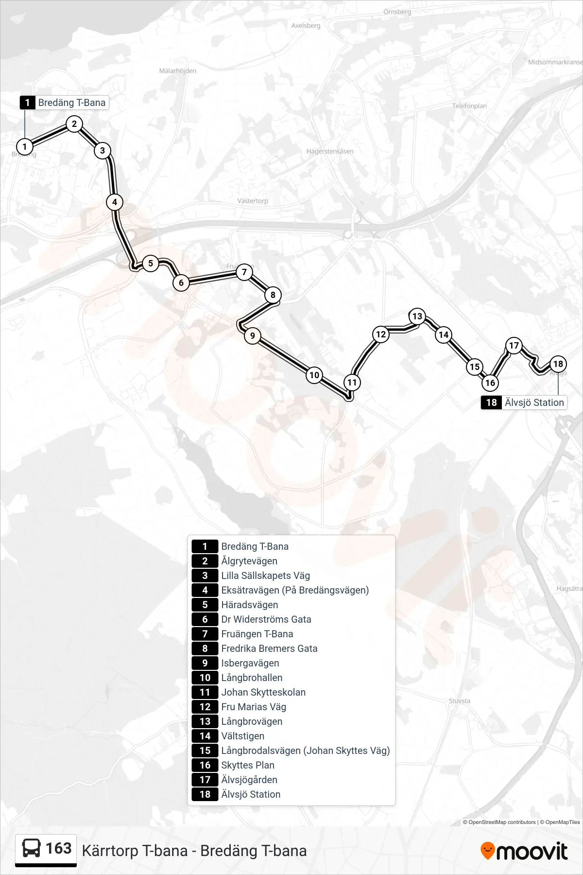 Rutt och hållplatser på karta för linje 163  buss, (Älvsjö Station)