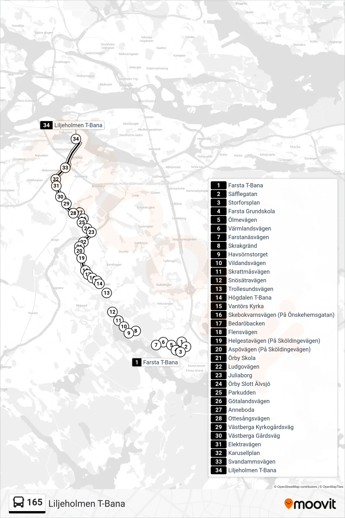 Rutt och hållplatser på karta för linje 165 buss, (Liljeholmen T-Bana)