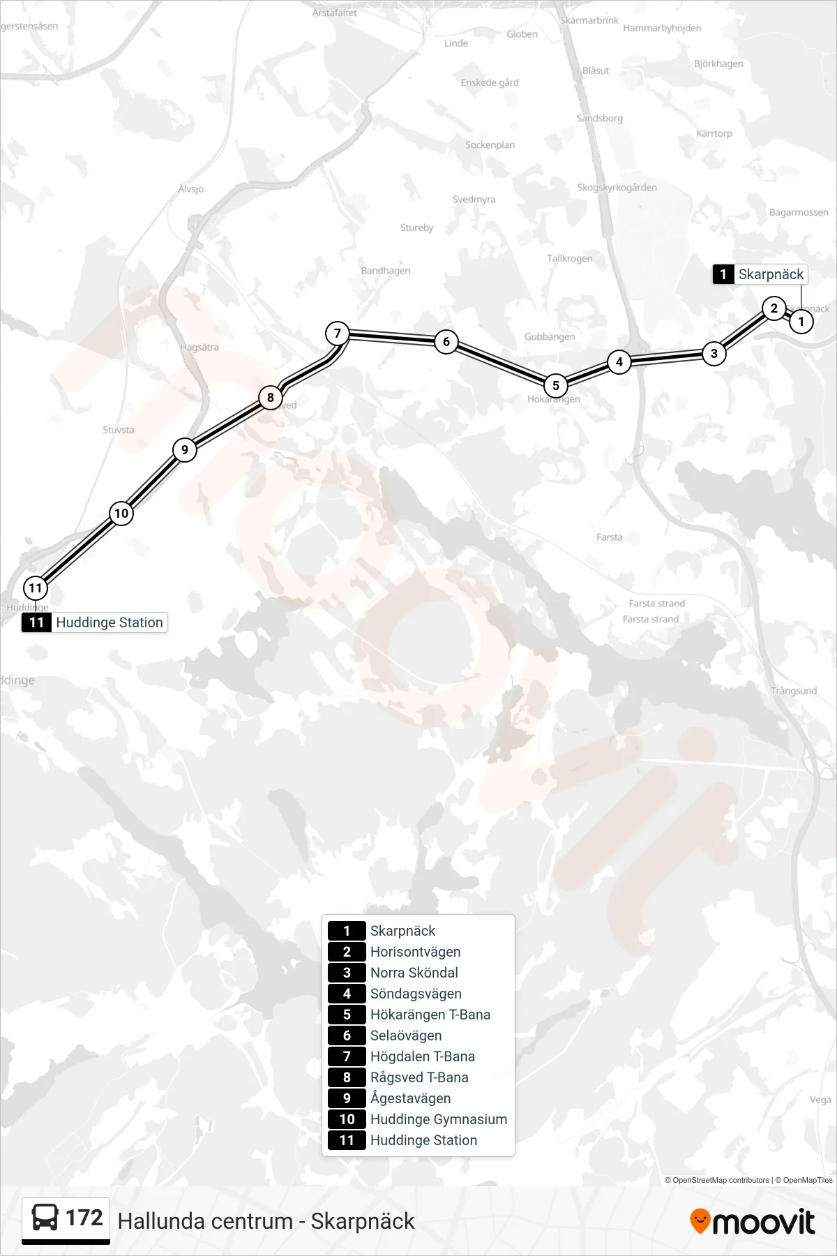 Rutt och hållplatser på karta för linje 172  buss, (Huddinge Station)