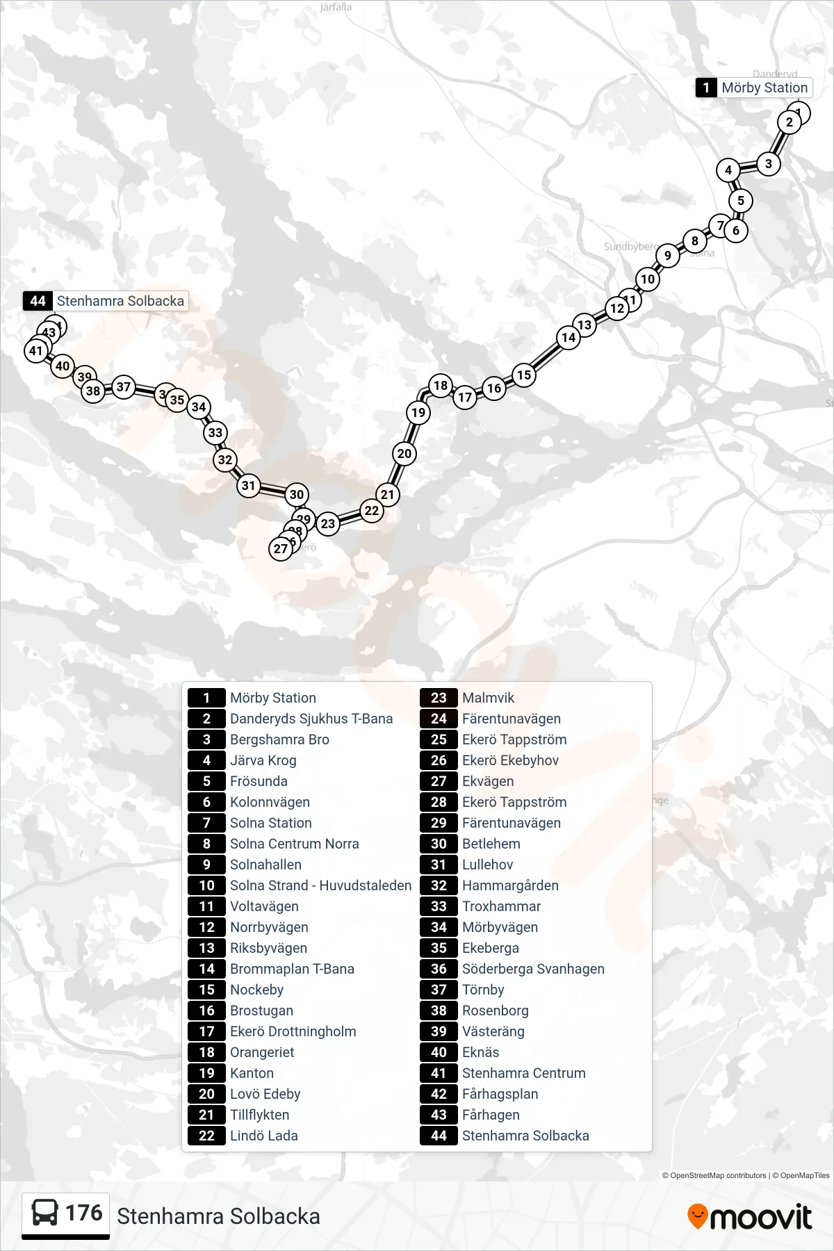 Rutt och hållplatser på karta för linje 176 buss, (Stenhamra Solbacka)