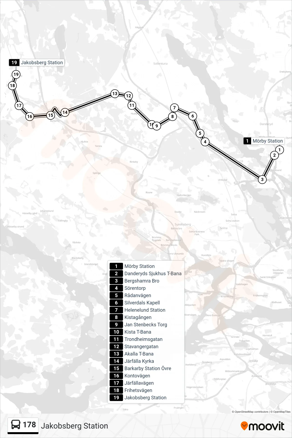 Rutt och hållplatser på karta för linje 178 buss, (Jakobsberg Station)