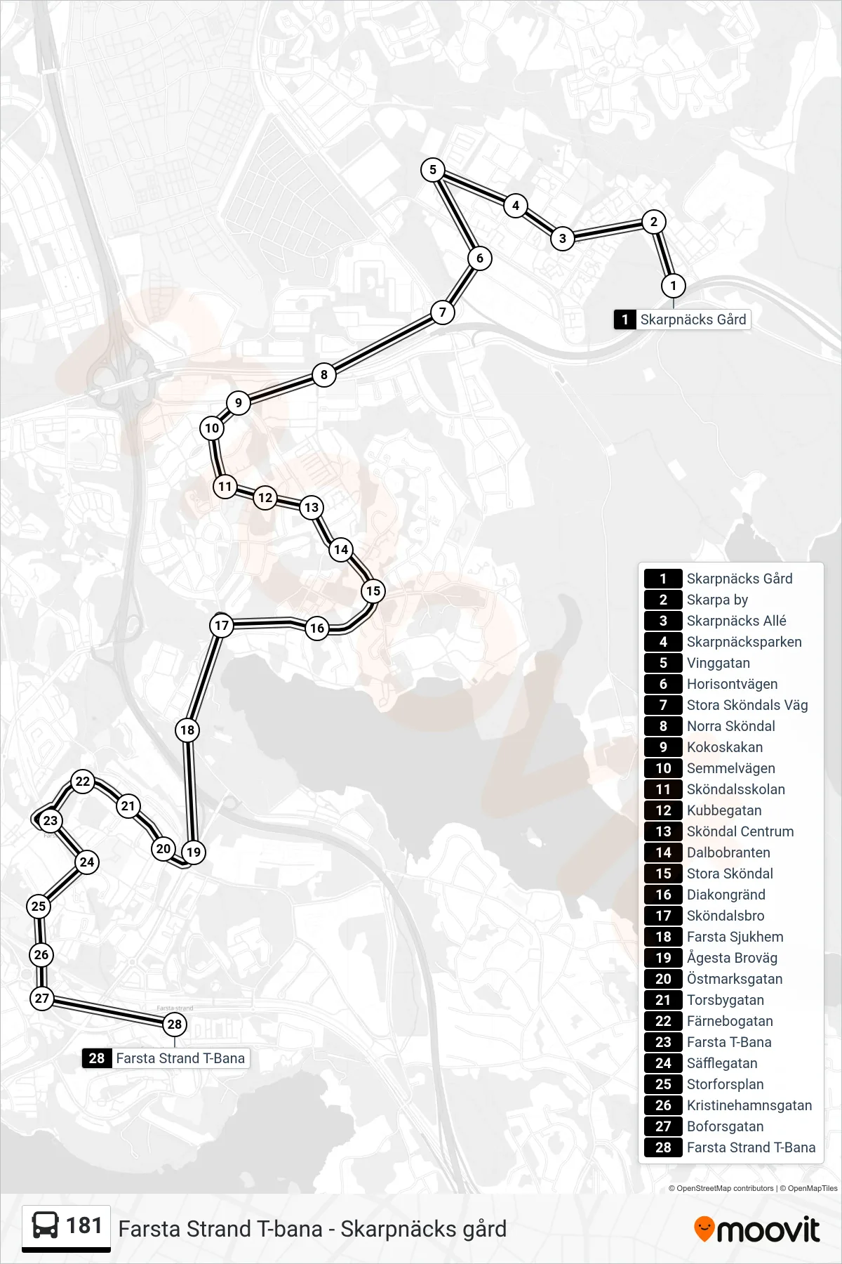 Rutt och hållplatser på karta för linje 181  buss, (Farsta Strand T-Bana)