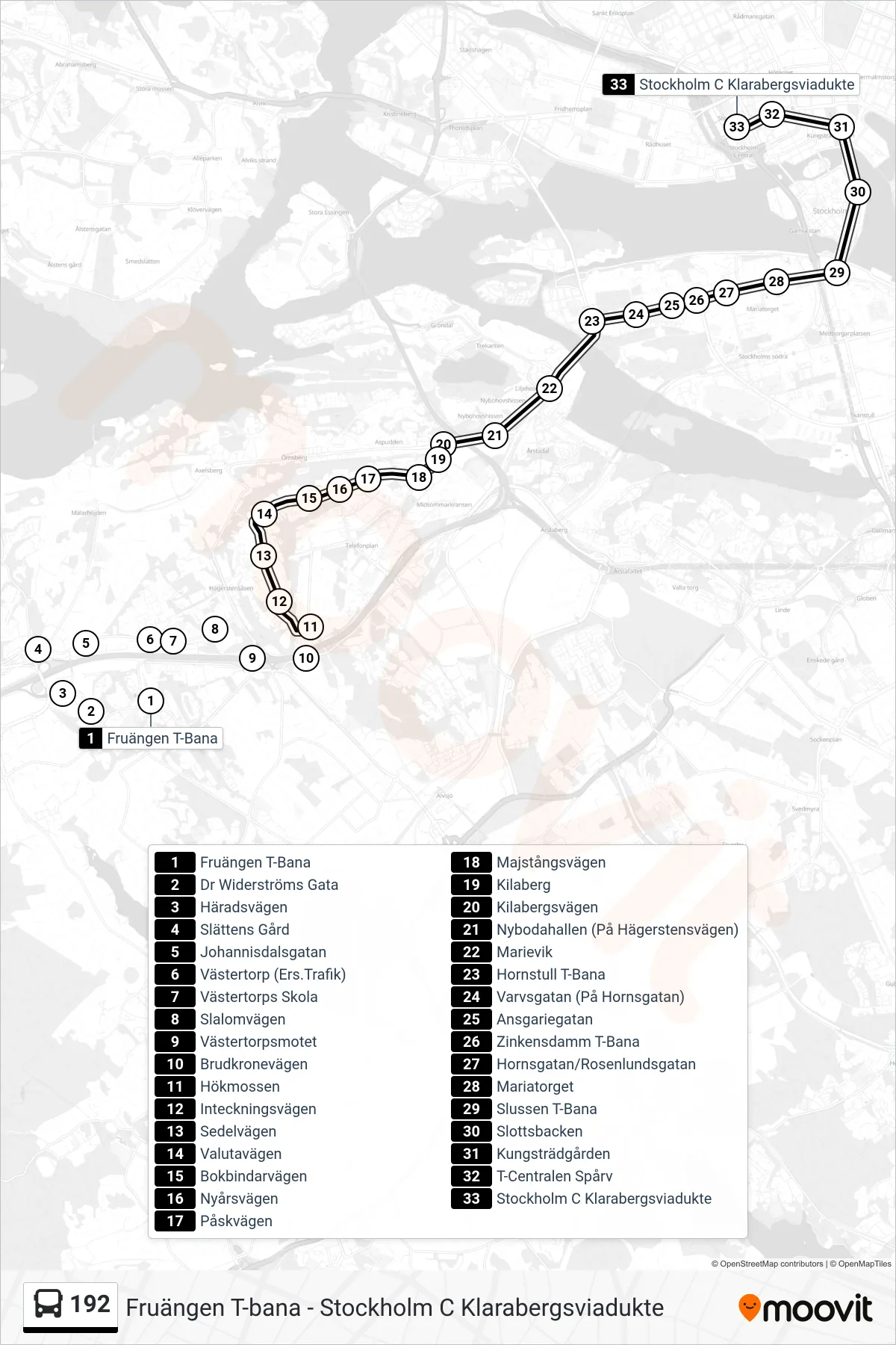 Rutt och hållplatser på karta för linje 192  buss, (Stockholm C Klarabergsviadukte)