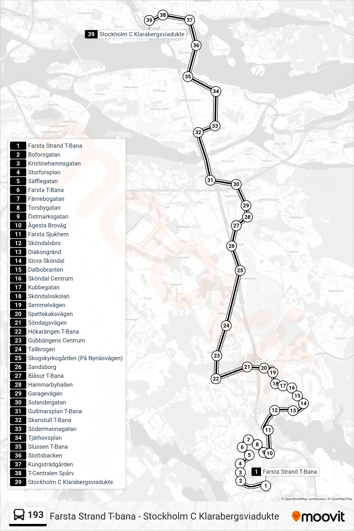 Rutt och hållplatser på karta för linje 193  buss, (Stockholm C Klarabergsviadukte)