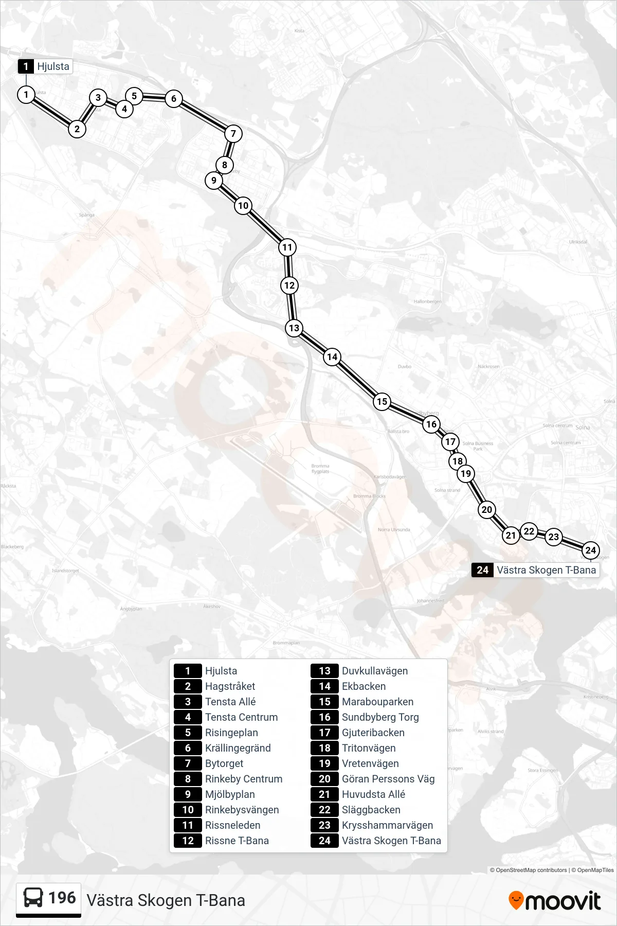 Rutt och hållplatser på karta för linje 196 buss, (Västra Skogen T-Bana)