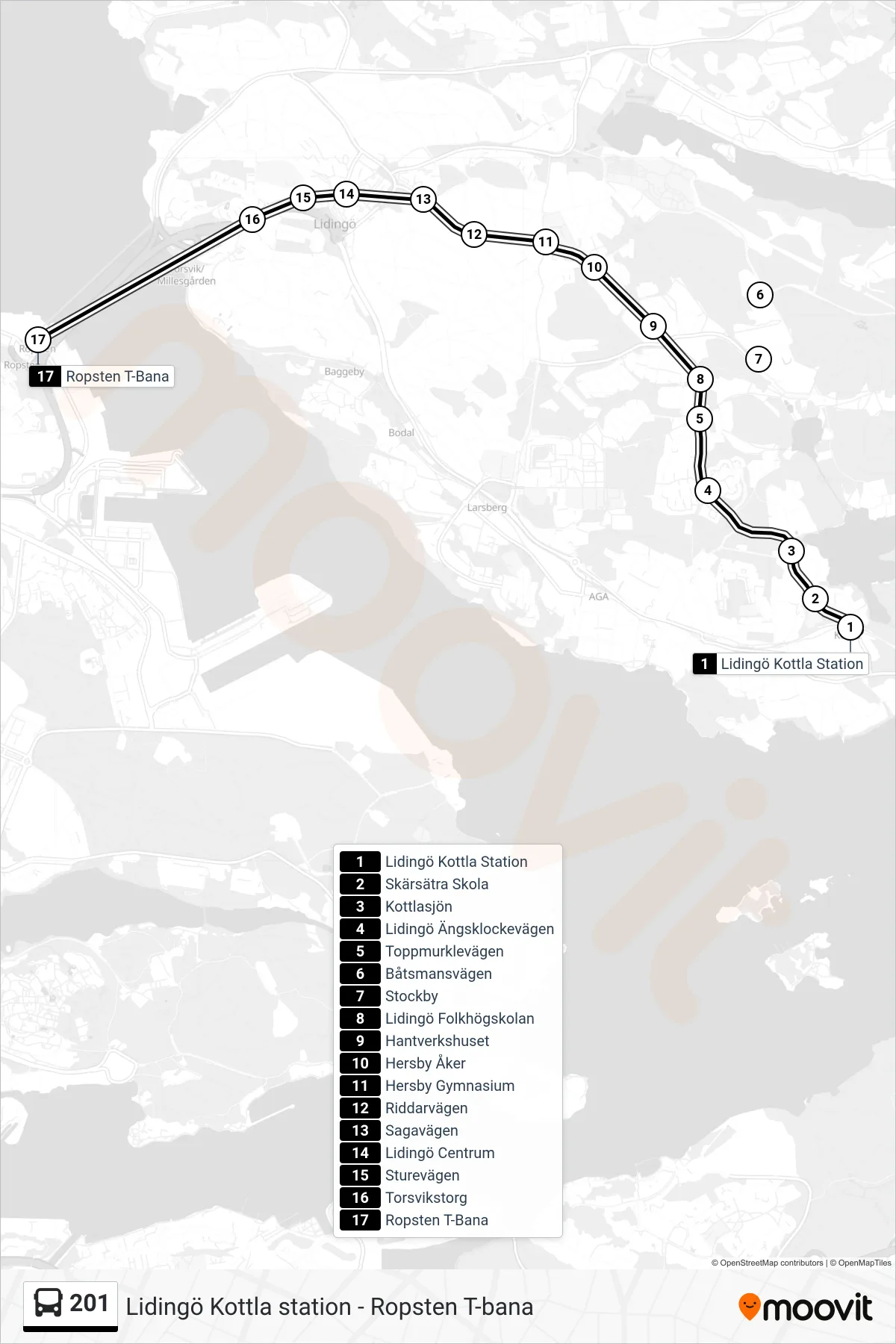 Rutt och hållplatser på karta för linje 201  buss, (Ropsten T-Bana)