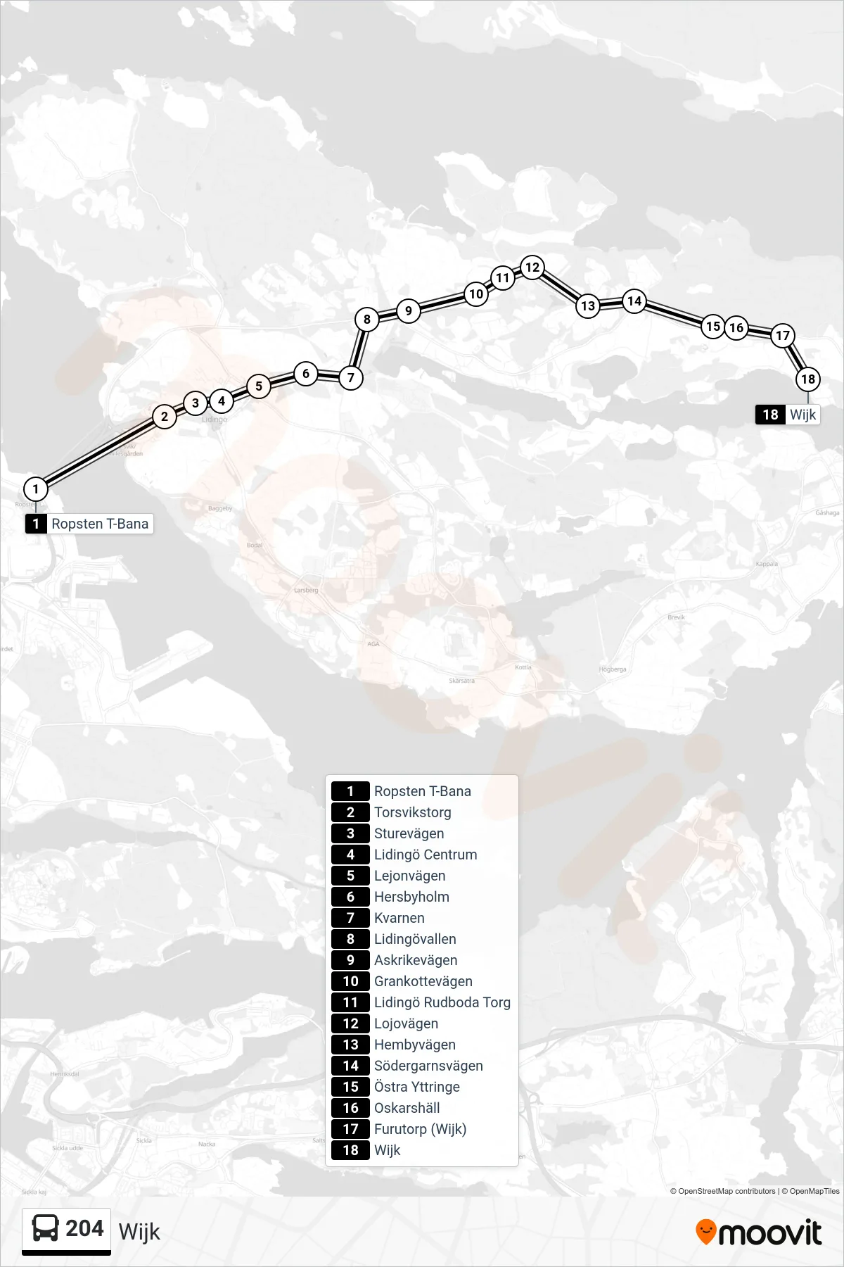 Rutt och hållplatser på karta för linje 204 buss, (Wijk)