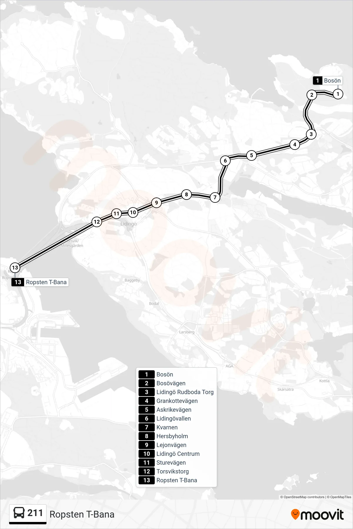 Rutt och hållplatser på karta för linje 211  buss, (Ropsten T-Bana)
