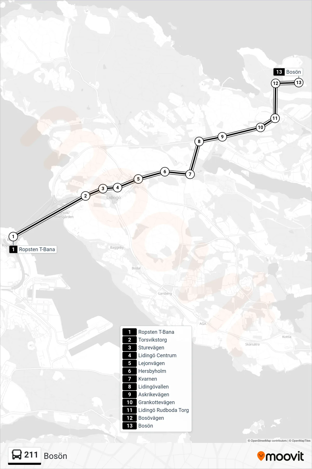 Rutt och hållplatser på karta för linje 211 buss, (Bosön)