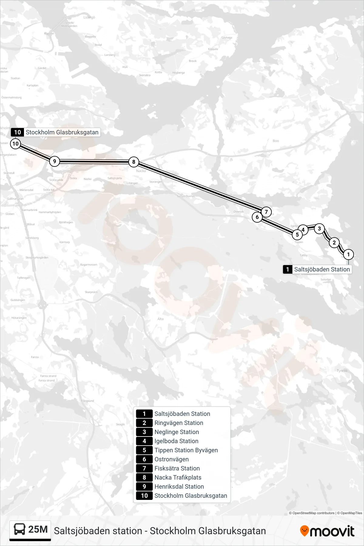 Rutt och hållplatser på karta för linje 25M  buss, (Stockholm Glasbruksgatan)