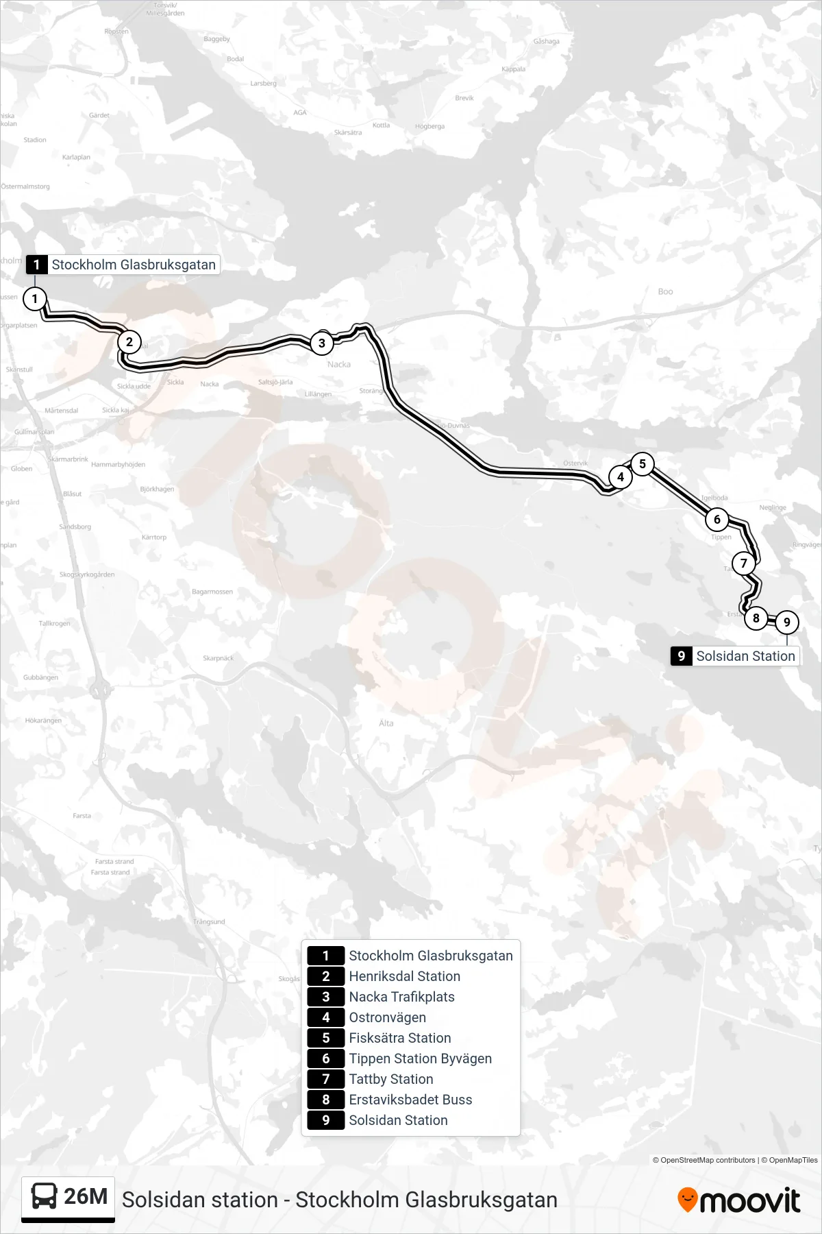 Rutt och hållplatser på karta för linje 26M  buss, (Solsidan Station)