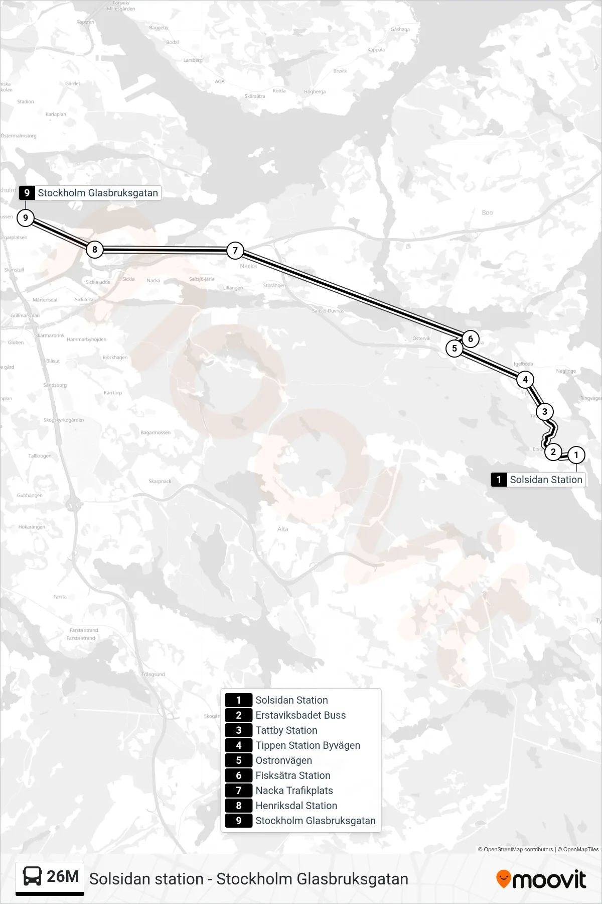 Rutt och hållplatser på karta för linje 26M buss, (Stockholm Glasbruksgatan)