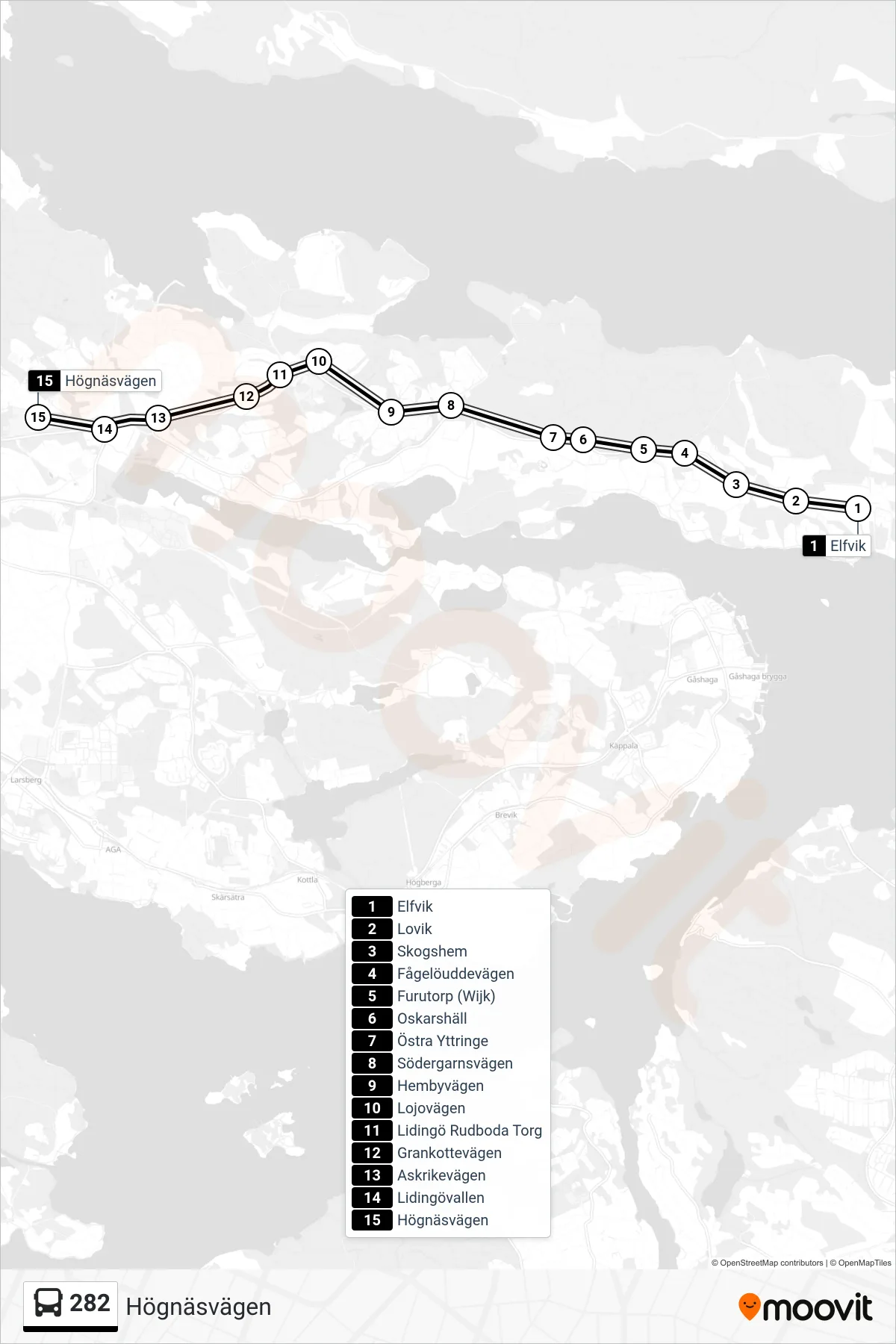 Rutt och hållplatser på karta för linje 282 buss, (Högnäsvägen)