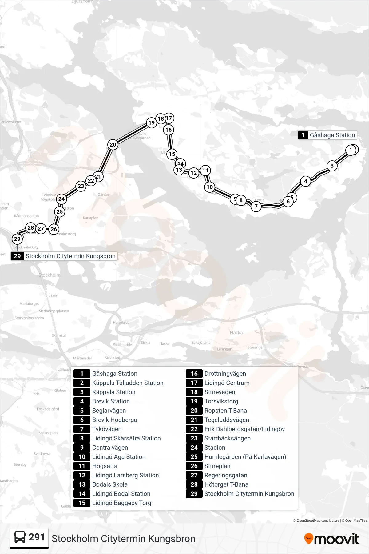 Rutt och hållplatser på karta för linje 291 buss, (Stockholm Citytermin Kungsbron)
