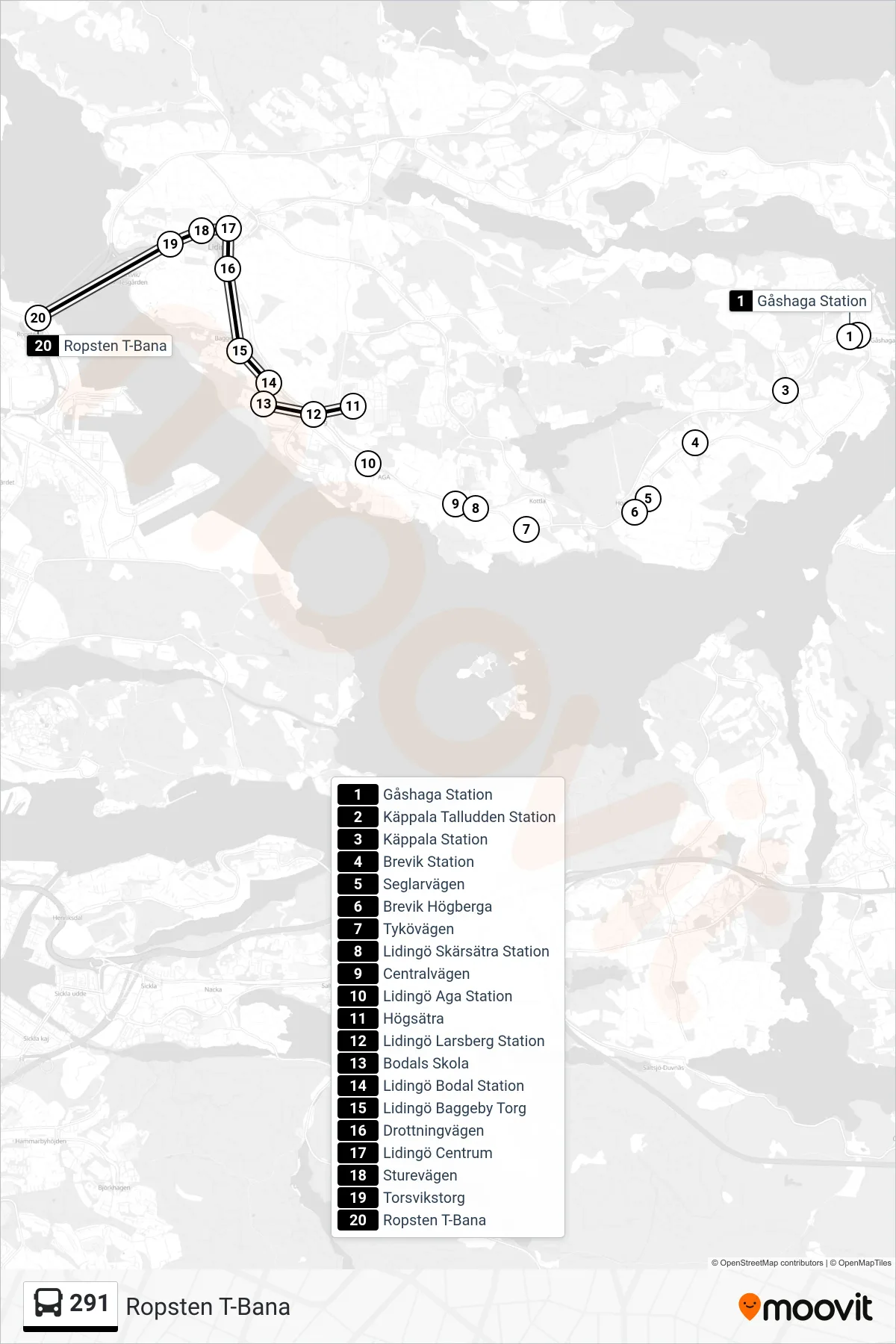 Rutt och hållplatser på karta för linje 291 buss, (Ropsten T-Bana)