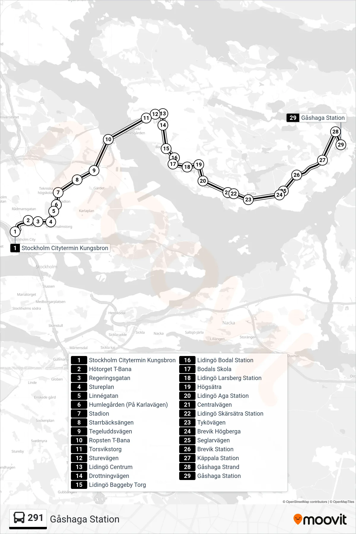 Rutt och hållplatser på karta för linje 291  buss, (Gåshaga Station)
