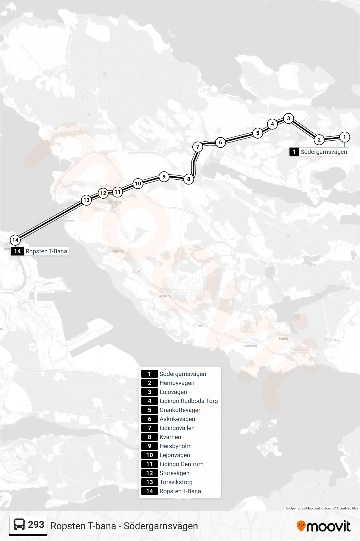 Rutt och hållplatser på karta för linje 293 buss, (Ropsten T-Bana)
