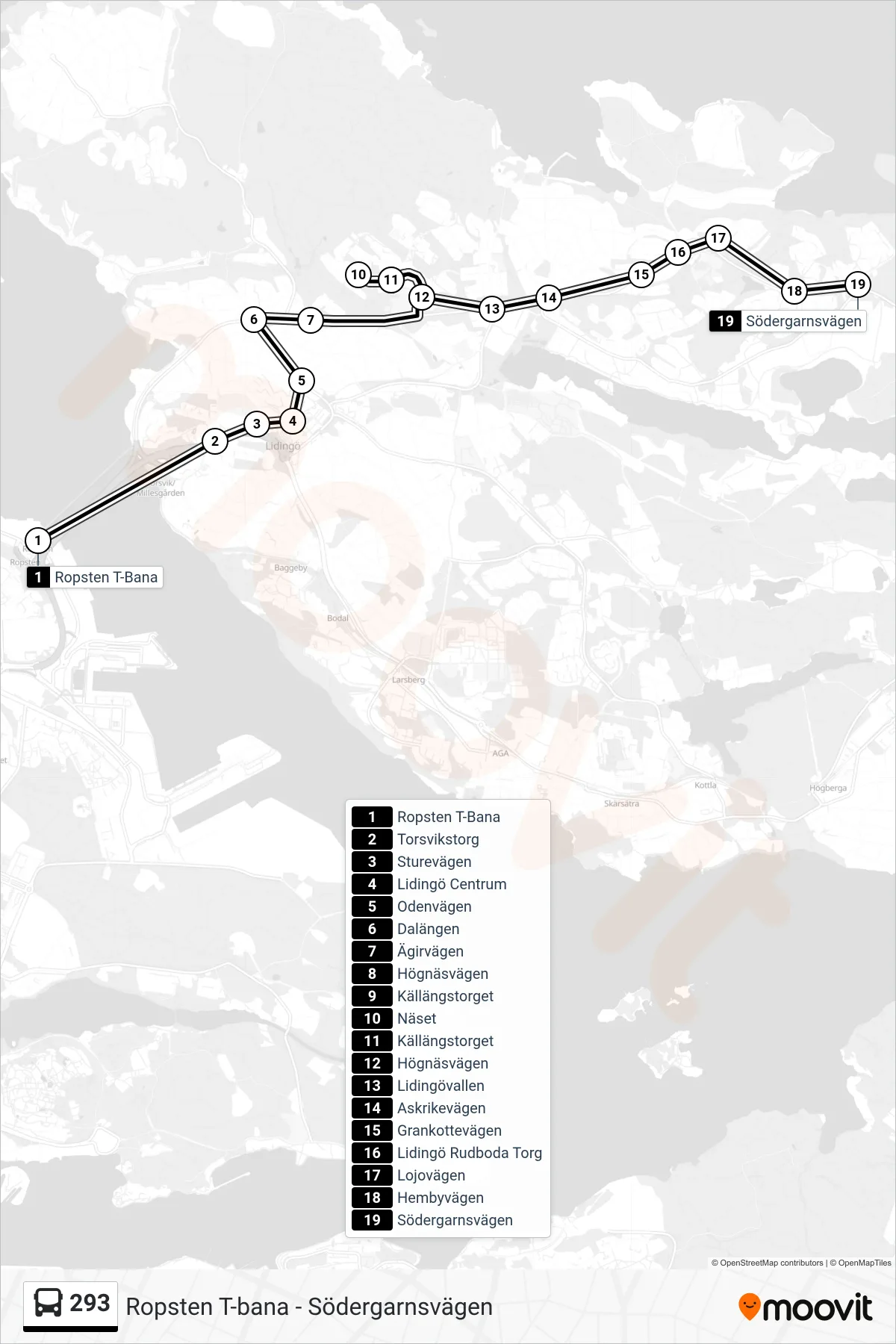 Rutt och hållplatser på karta för linje 293 buss, (Södergarnsvägen)