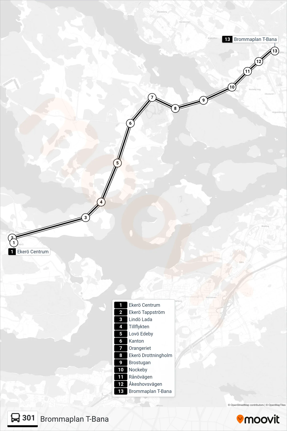 Rutt och hållplatser på karta för linje 301 buss, (Brommaplan T-Bana)