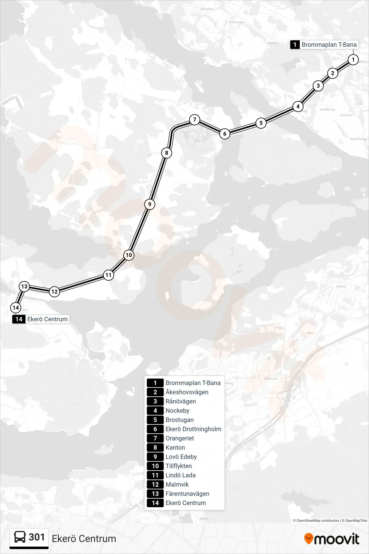Rutt och hållplatser på karta för linje 301 buss, (Ekerö Centrum)
