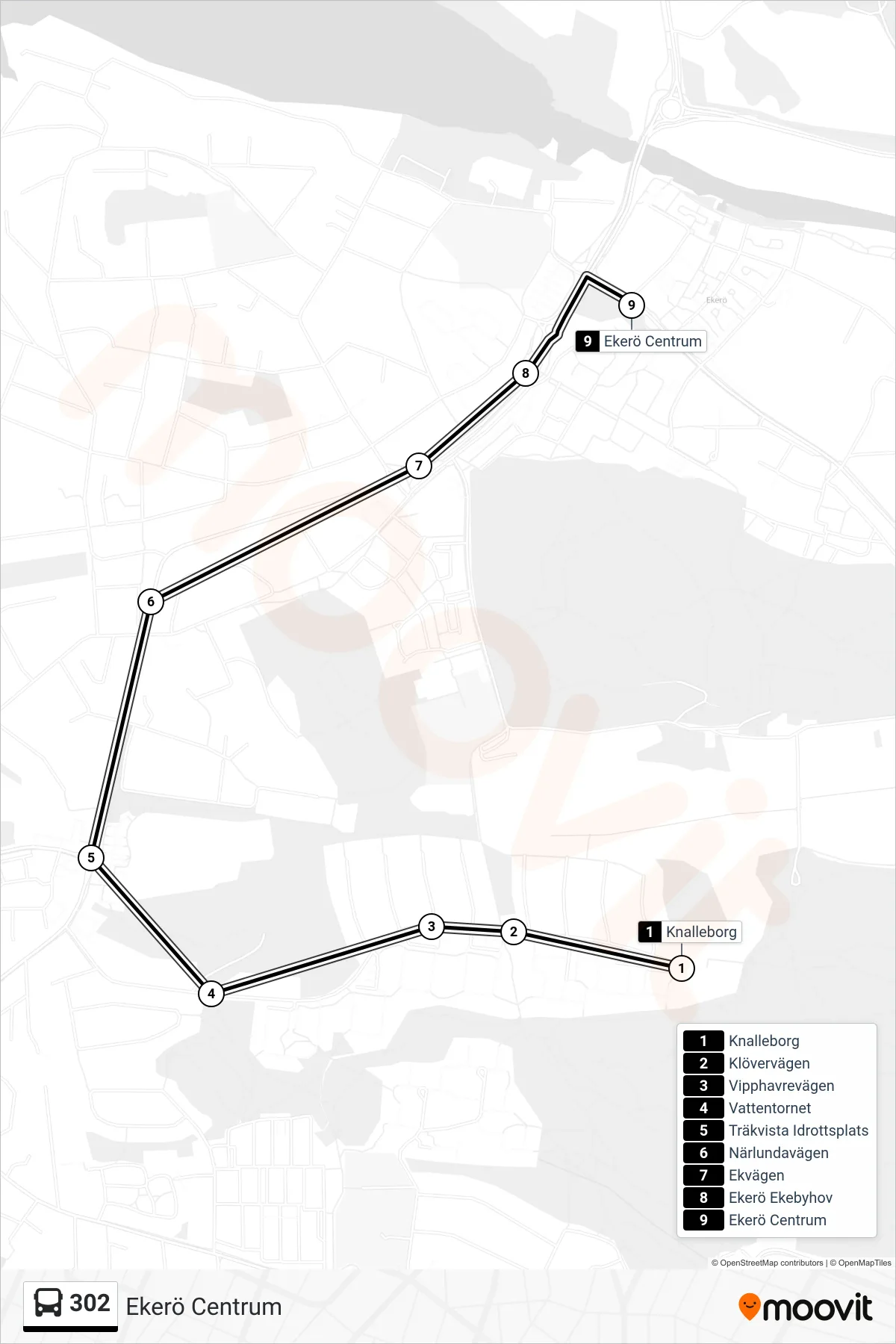 Rutt och hållplatser på karta för linje 302 buss, (Ekerö Centrum)