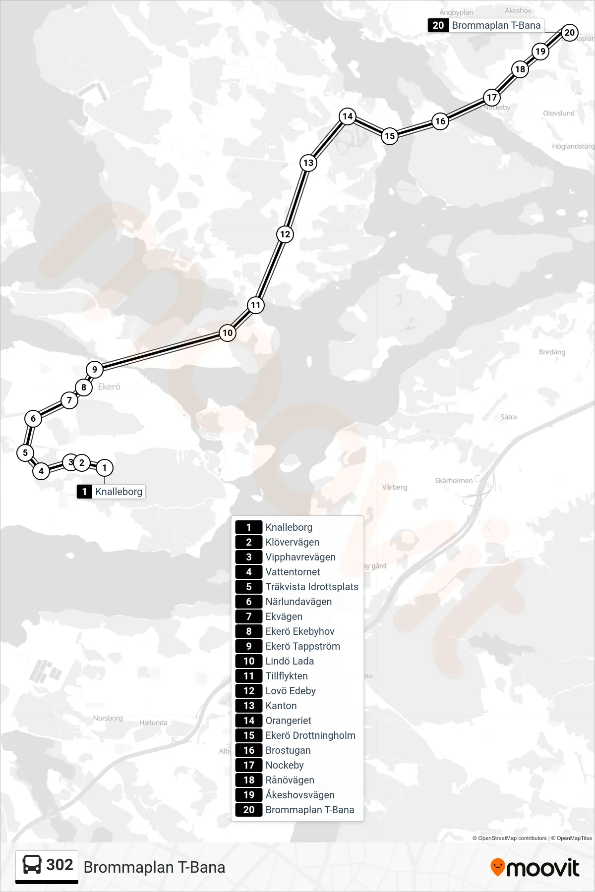 Rutt och hållplatser på karta för linje 302 buss, (Brommaplan T-Bana)