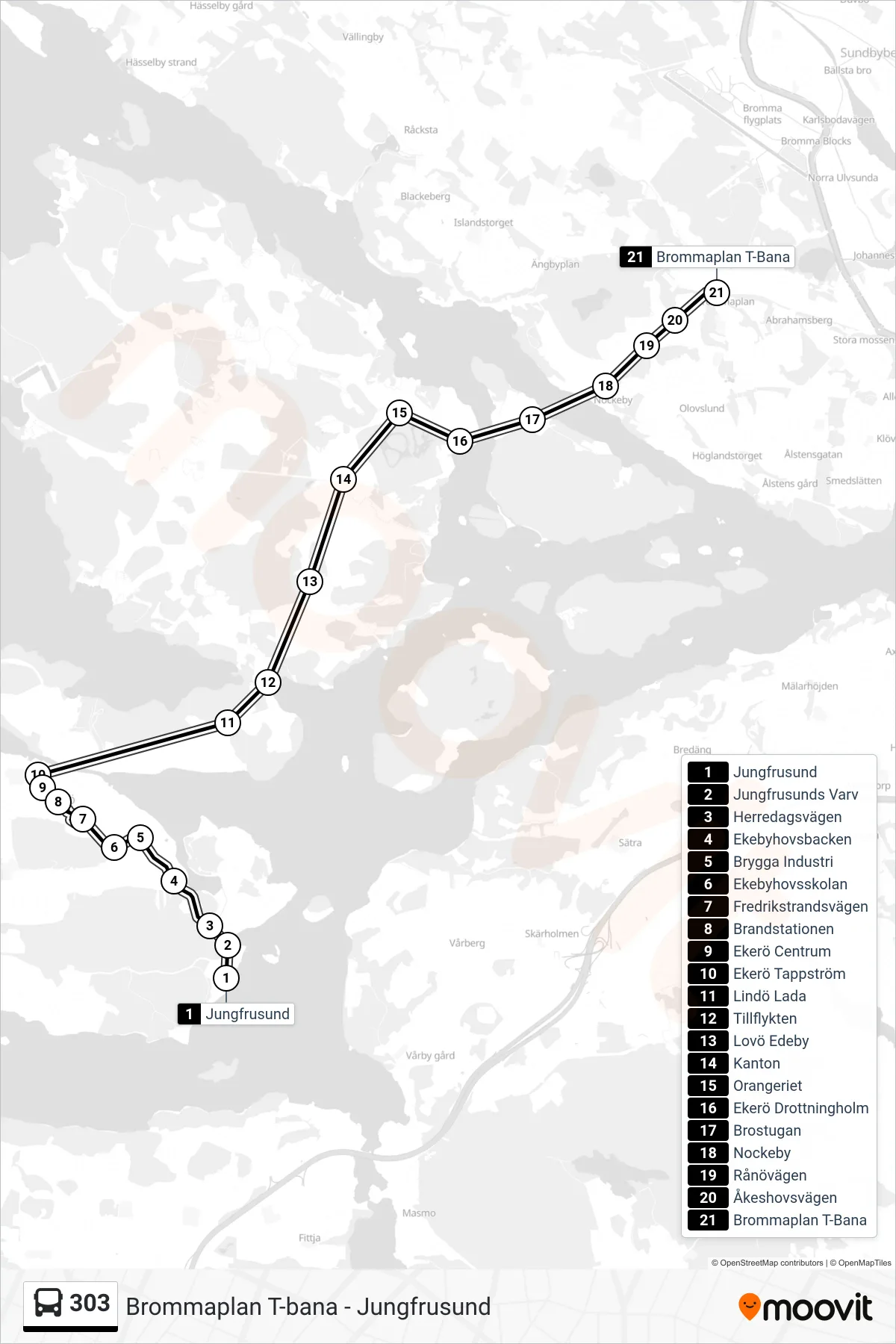 Rutt och hållplatser på karta för linje 303 buss, (Brommaplan T-Bana)