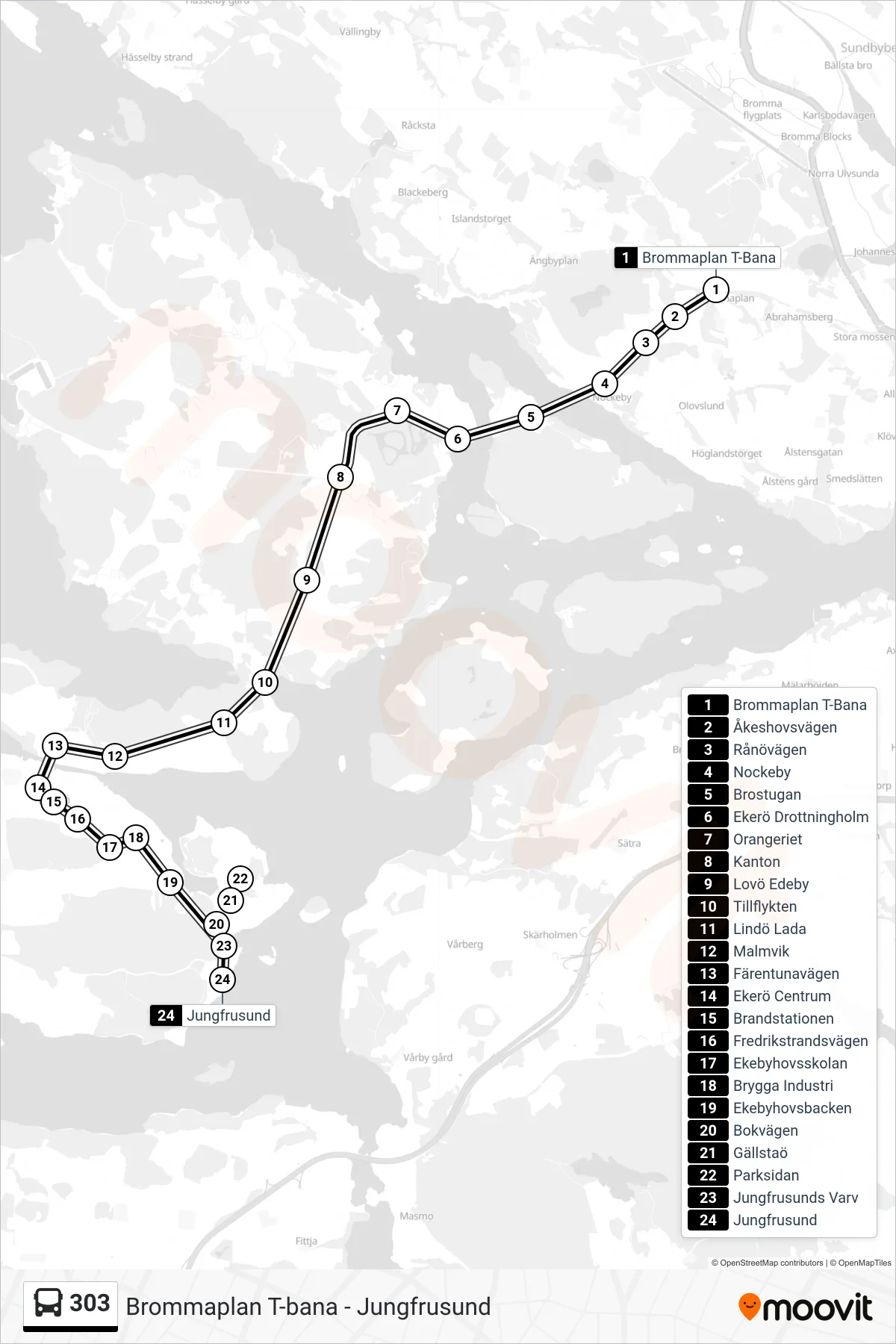 Rutt och hållplatser på karta för linje 303  buss, (Jungfrusund)